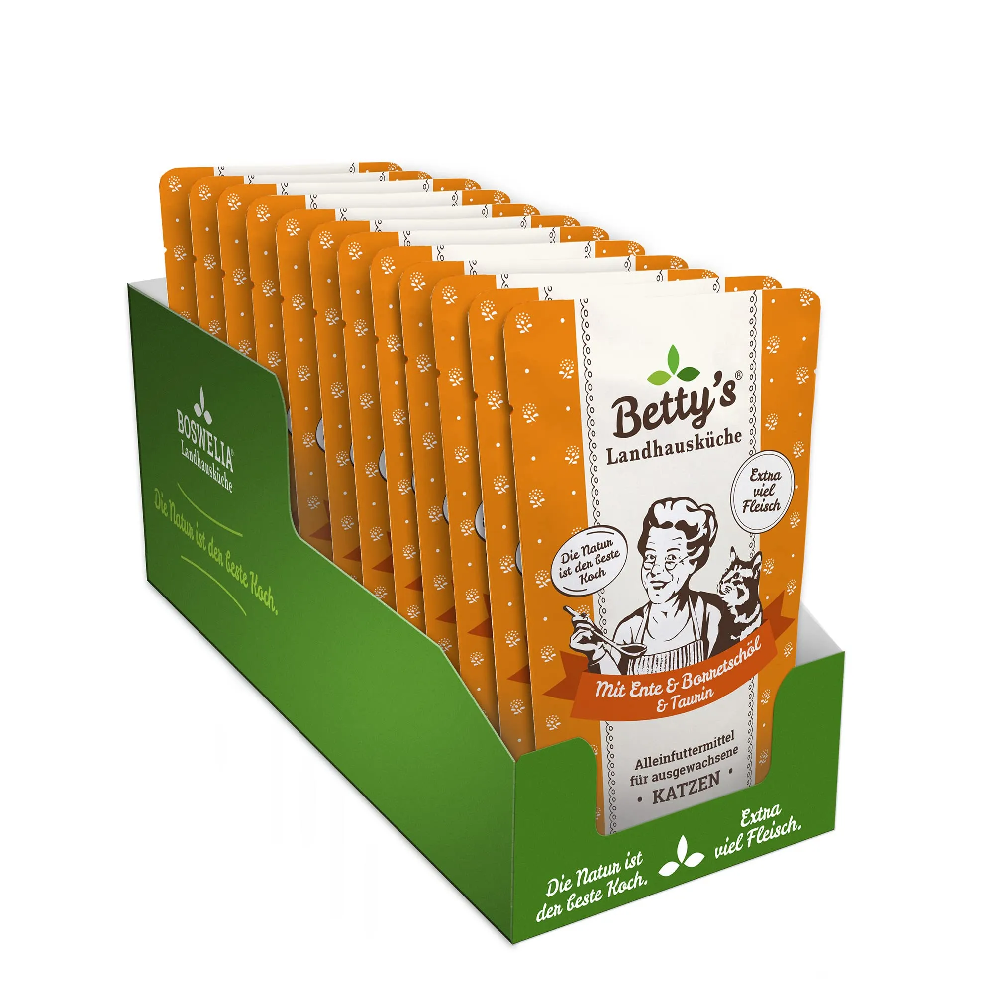 Betty's - Borsa per la cucina rustica, per alimenti umidi e gatti, anatra con olio di borragine, 12 x 100 g, senza cereali, ottima qualità, carne di alta qualità, cotta delicatamente, elevata