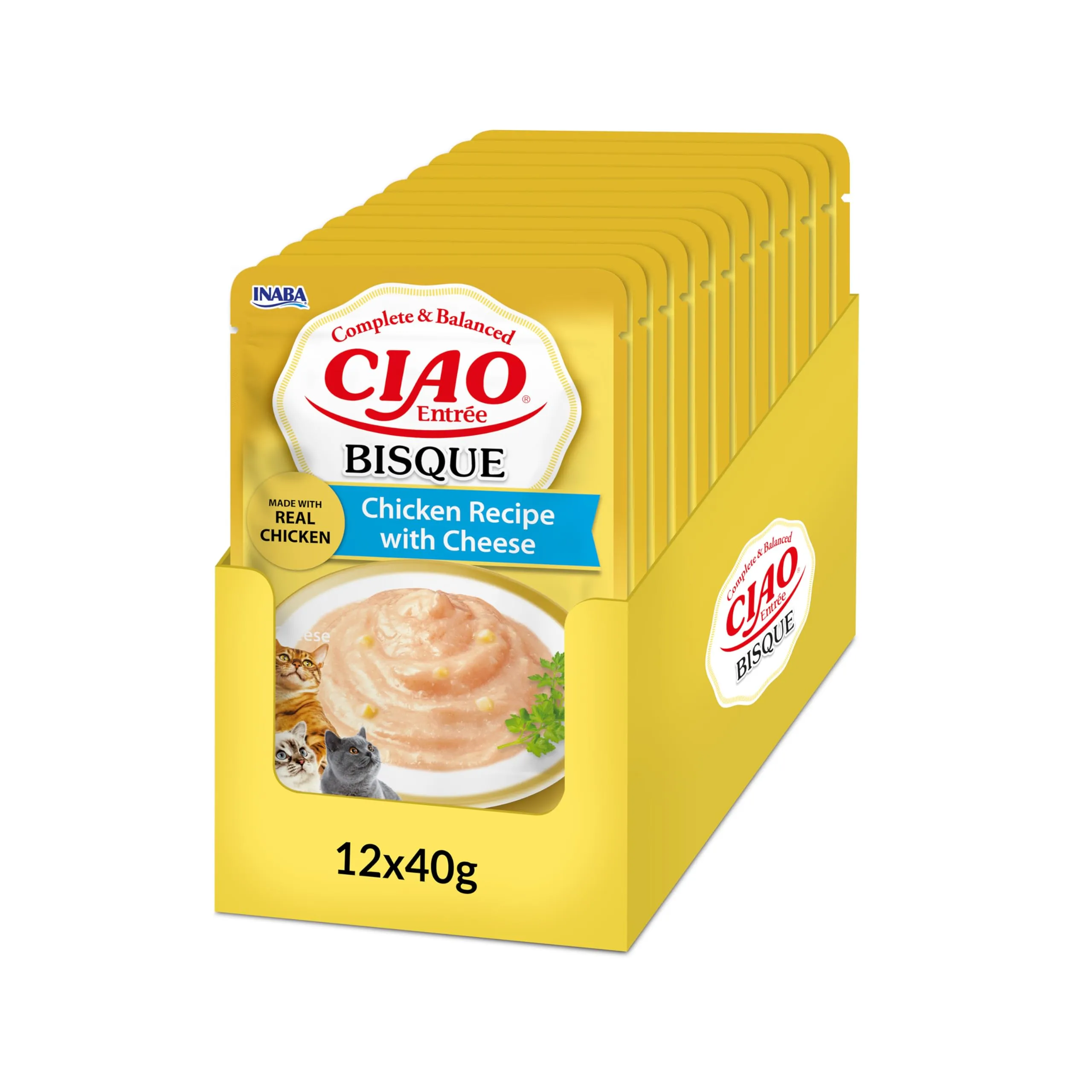 INABA Ciao Entrée Bisque, Cibo Umido per Gatti, Pasto Completo con Pollo e Formaggio, Cremosa Purea a Base di Ingredienti Naturali, Alta Idratazione, Per Gatti Adulti, 12 Confezioni da 40 g
