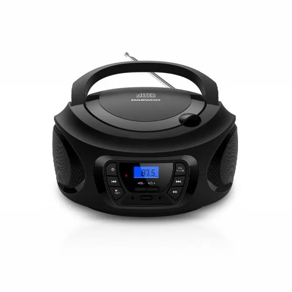 Autoradio Daewoo con lettore CD USB jack da 35 mm Bluetooth sintonizzazione automatica maniglia per il trasporto schermo LCD colore nero e blu.
