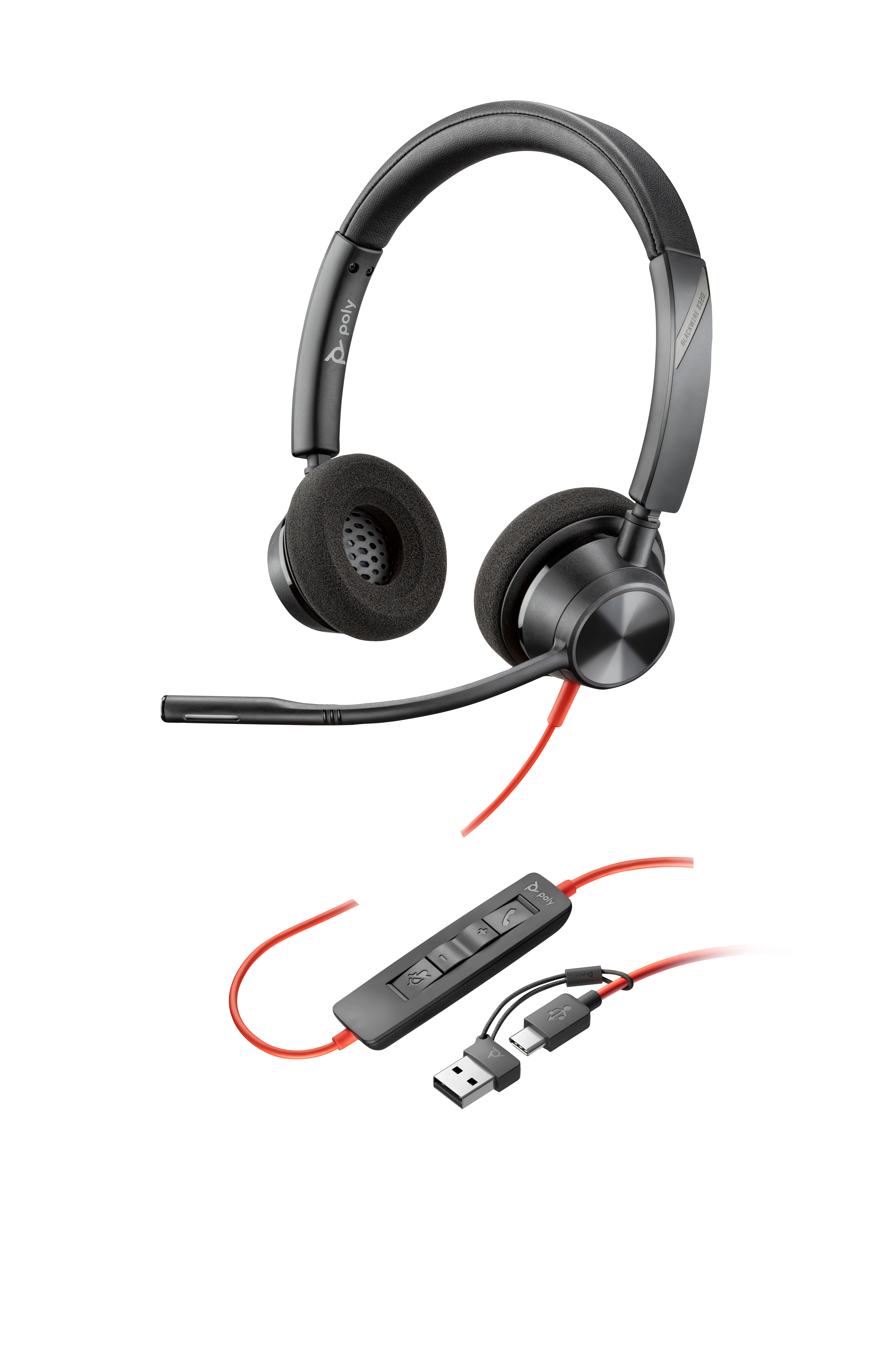HP Poly Blackwire 3320 Stereo USB-C Headset +USB-C/A Adapter Auricolare Cablato A Padiglione Ufficio USB tipo-C Nero