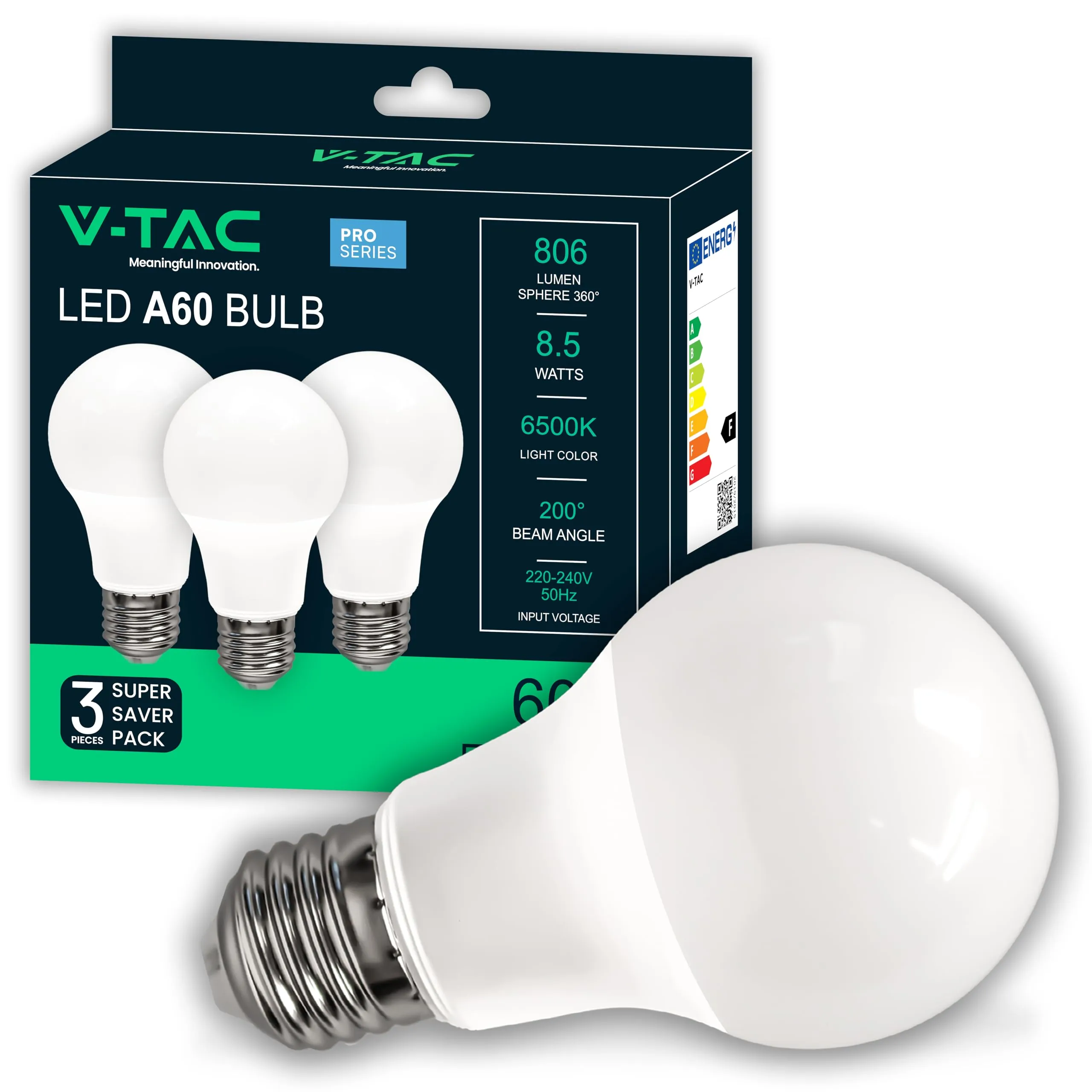 V-TAC 3x Lampadine LED E27 da 8,5W - [ ALTISSIMA EFFICIENZA ] - A60 - (Equivalenti a 60W) - Lampadine di Nuova Generazione a Risparmio Energetico - 806 Lumen - 3 PEZZI - Luce Fredda 6500K