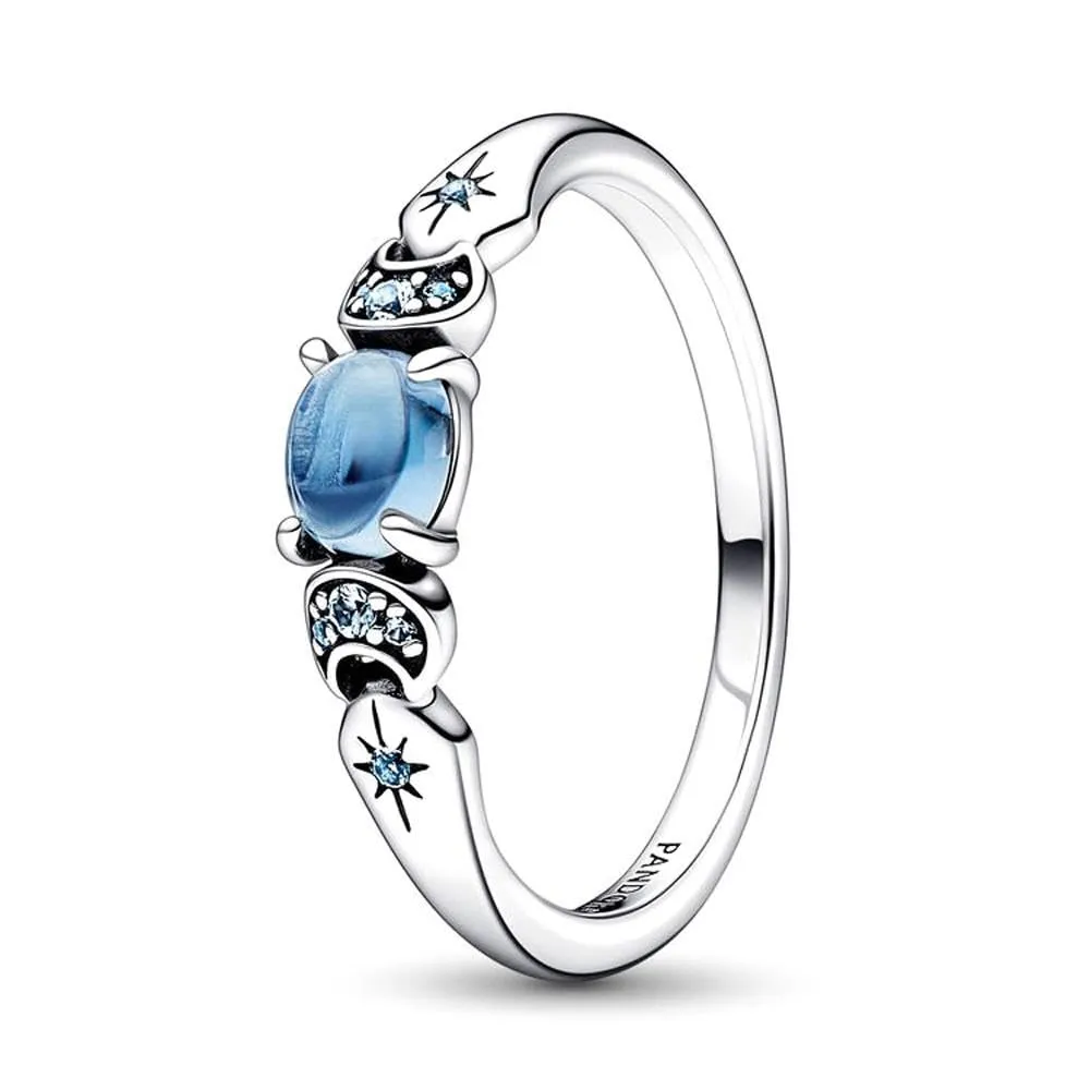 PANDORA Disney Anello con Aladin e Jasmine in argento Sterling con cristallo blu ghiaccio e cristallo blu chiaro di luna, 48