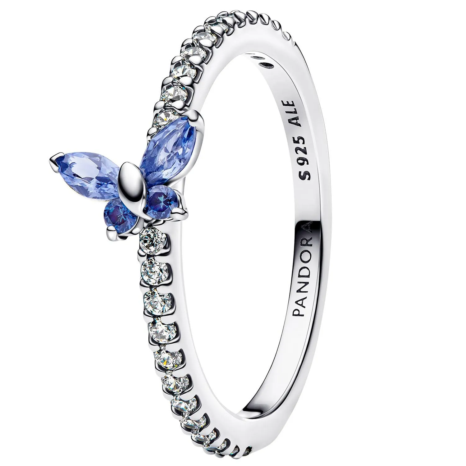 Butterfly sterling silver ring with cornflower blue crystal and clear cubic zirconia