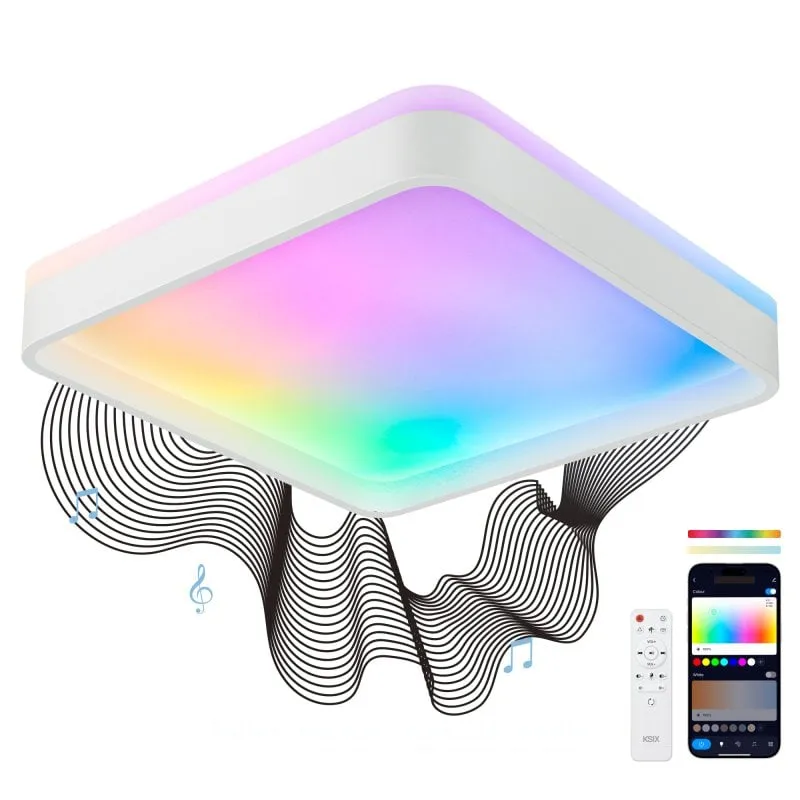 Plafoniera Ksix Stellar Plus SmartLED, quadrata, con altoparlante, RGBIC + CCT, 49x49x7,5 cm, 4450 lm, 35 W, app Tuya, bianco