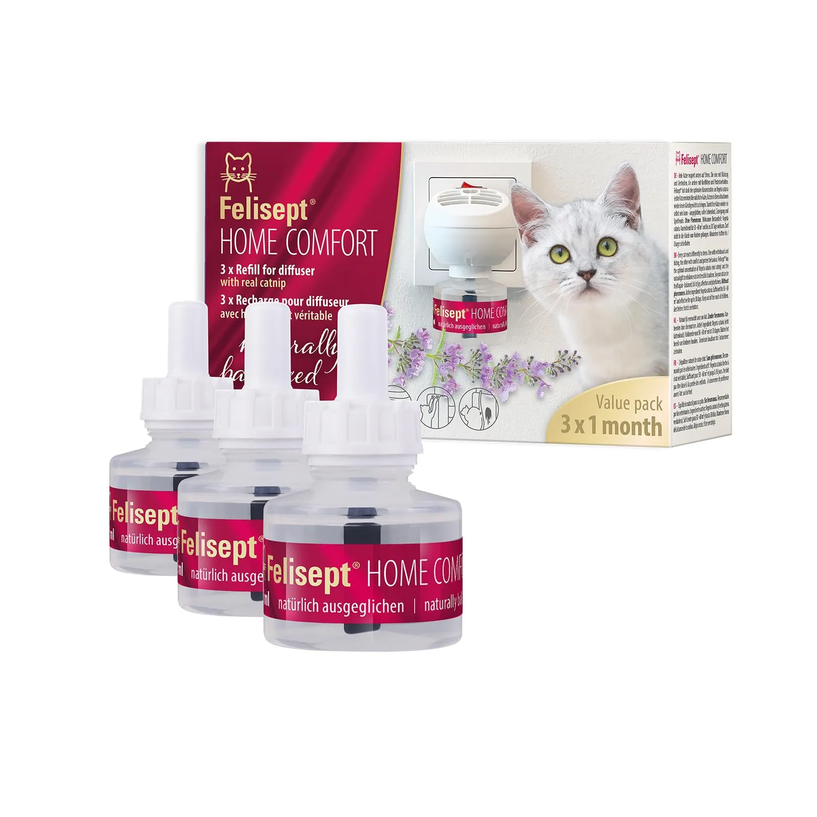 Felisept Home Comfort Ricarica 3x45 ml - Con erba gatta naturale senza feromoni gatto - Riduce Il Comportamento Indesiderato, Lo Stress E L'Irrequietezza In Casa - Tranquillanti gatto