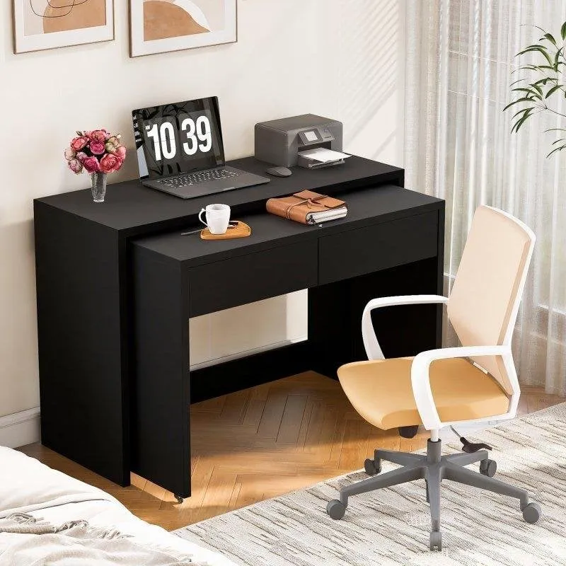 Scrivania Pieghevole con Ruote Welltin N880P 110x40cm 2 Cassetti 2 in 1 Legno