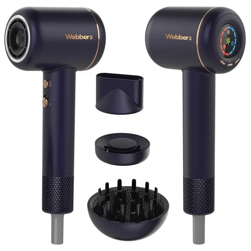 Phon Ionico WEBBER 05HD-1698 1600W 3 Temperature 3 Velocità Diffusore Concentratore Blu Oro