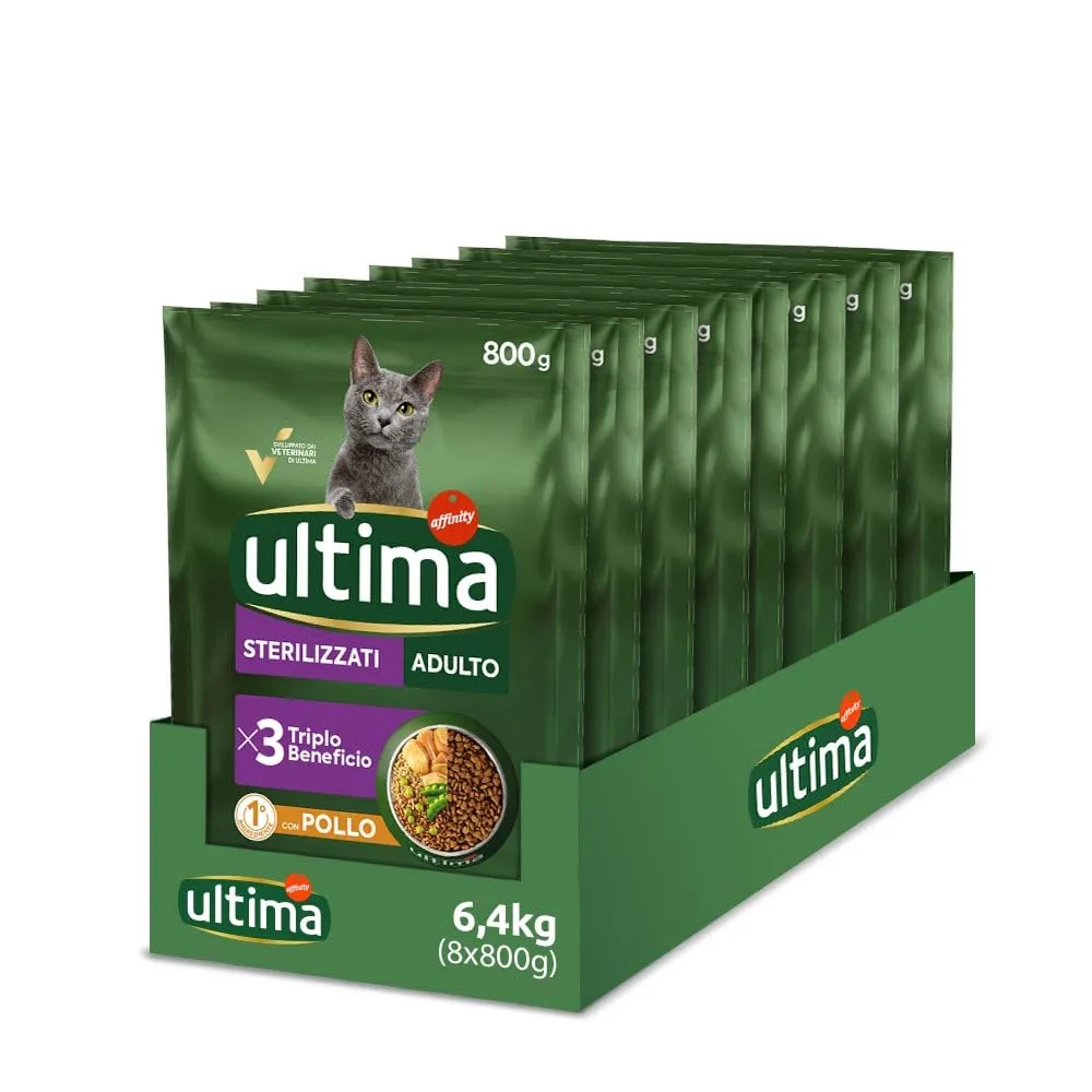 Ultima Sterilizzati Adult Pollo - Crocchette per Gatti - Confezione da 8 x 800 g - Totale 6.4 kg