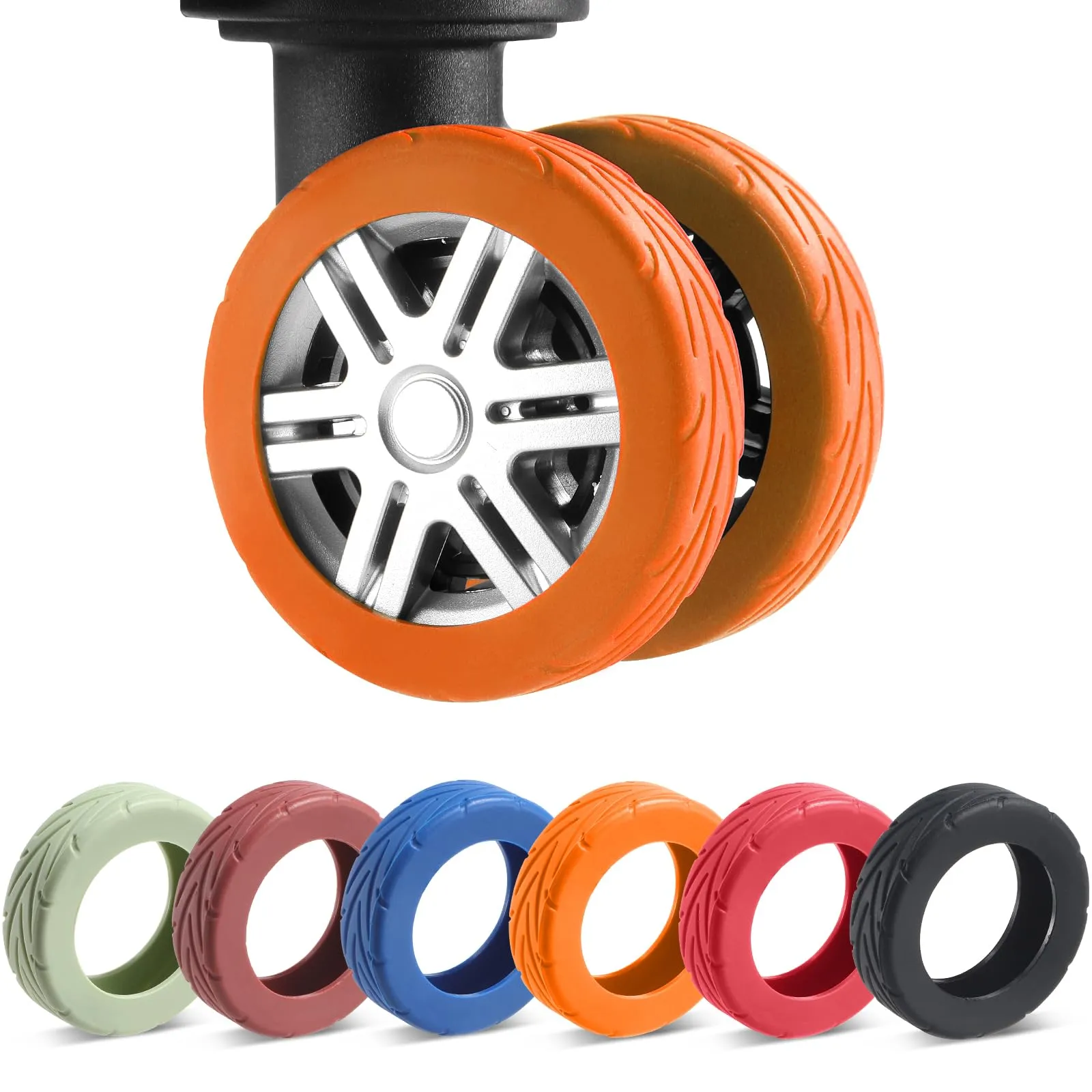 Wanzhuango 8 copricerchi per bagagli, resistenti all'usura, antirumore, in silicone, per ruote girevoli da 2 a 6,1 cm, Arancione, Soft, Silenzioso. Proteggi le ruote dei bagagli