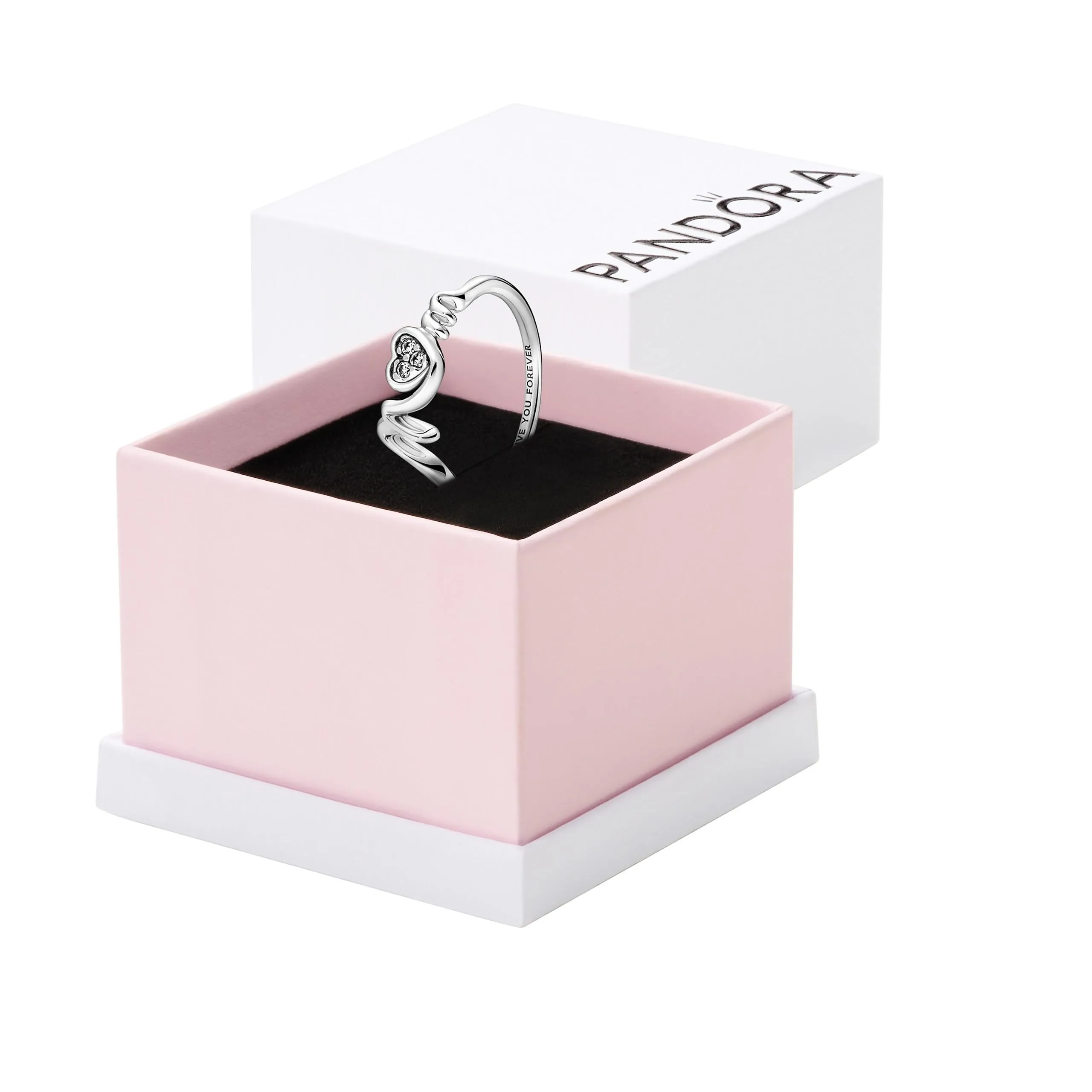 PANDORA Anello Moments a forma di cuore con pavé e scritta Mom in argento Sterling con zirconia cubica trasparente, 54