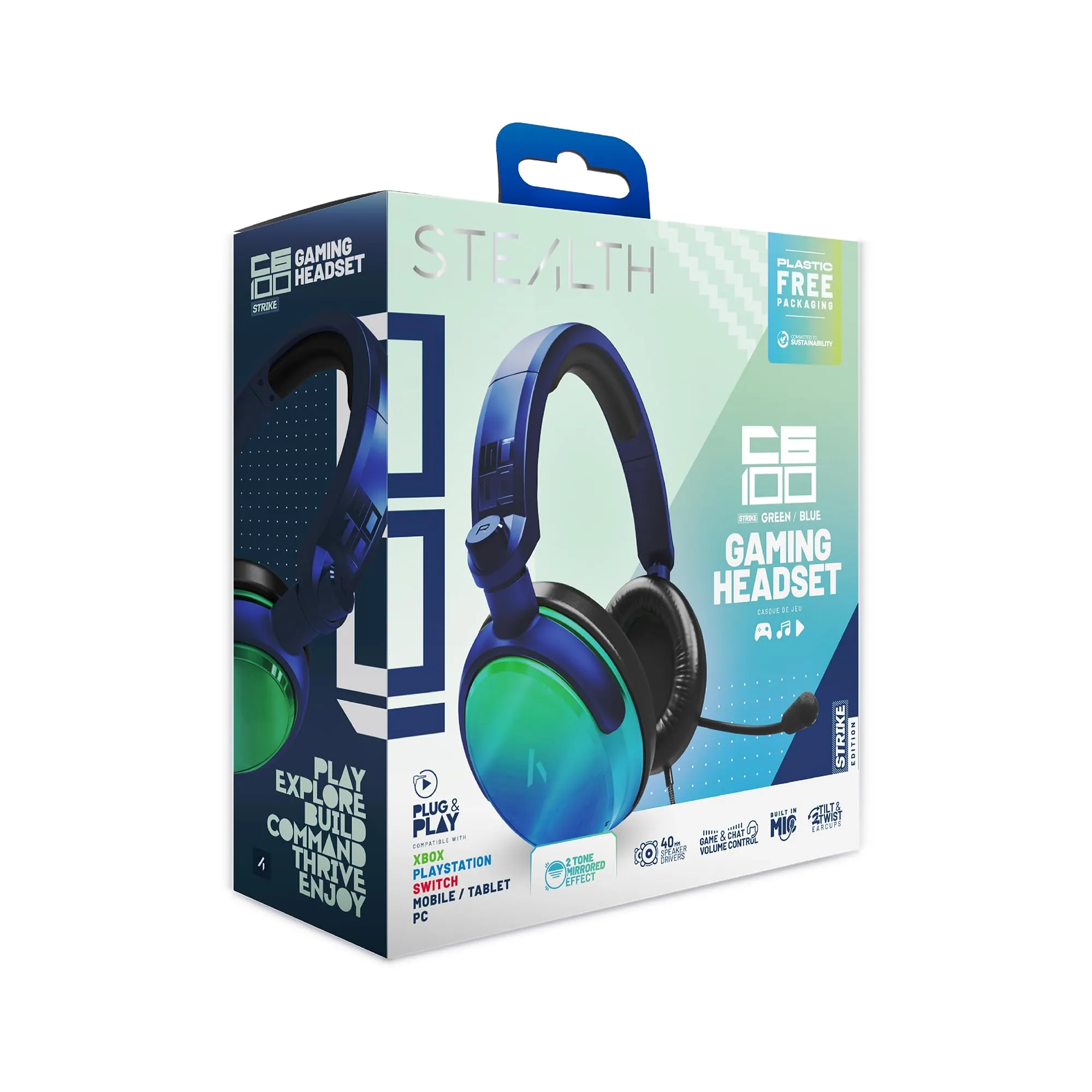 STEALTH C6-100 STRIKE Cuffie da Gaming - Verde e Blu, multipiattaforma compatibile con Xbox, PS, Switch, PC, cellulare e tablet.