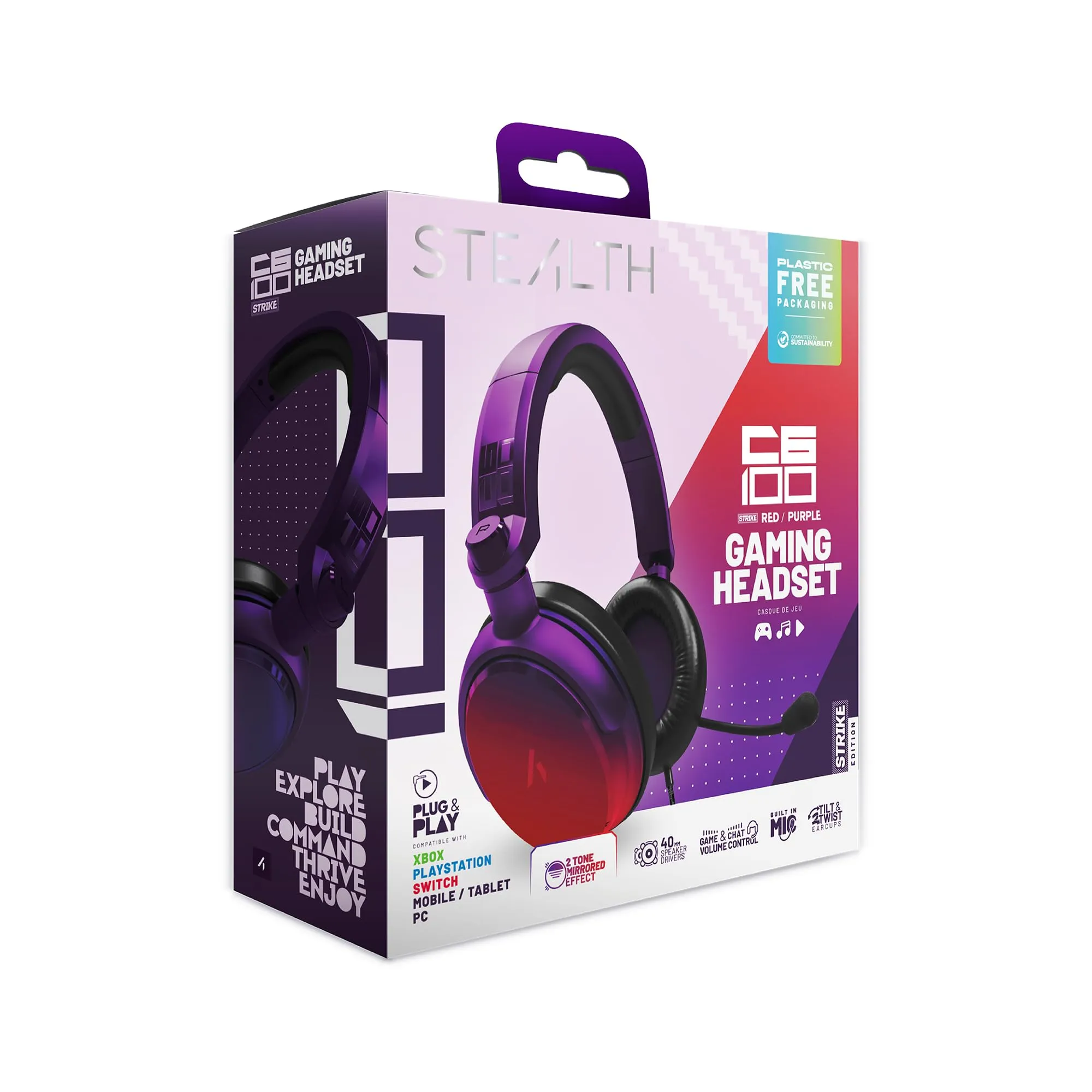 STEALTH C6-100 STRIKE Cuffie da gaming - Rosso e viola, multipiattaforma compatibile con Xbox, PS, Switch, PC, cellulare e tablet