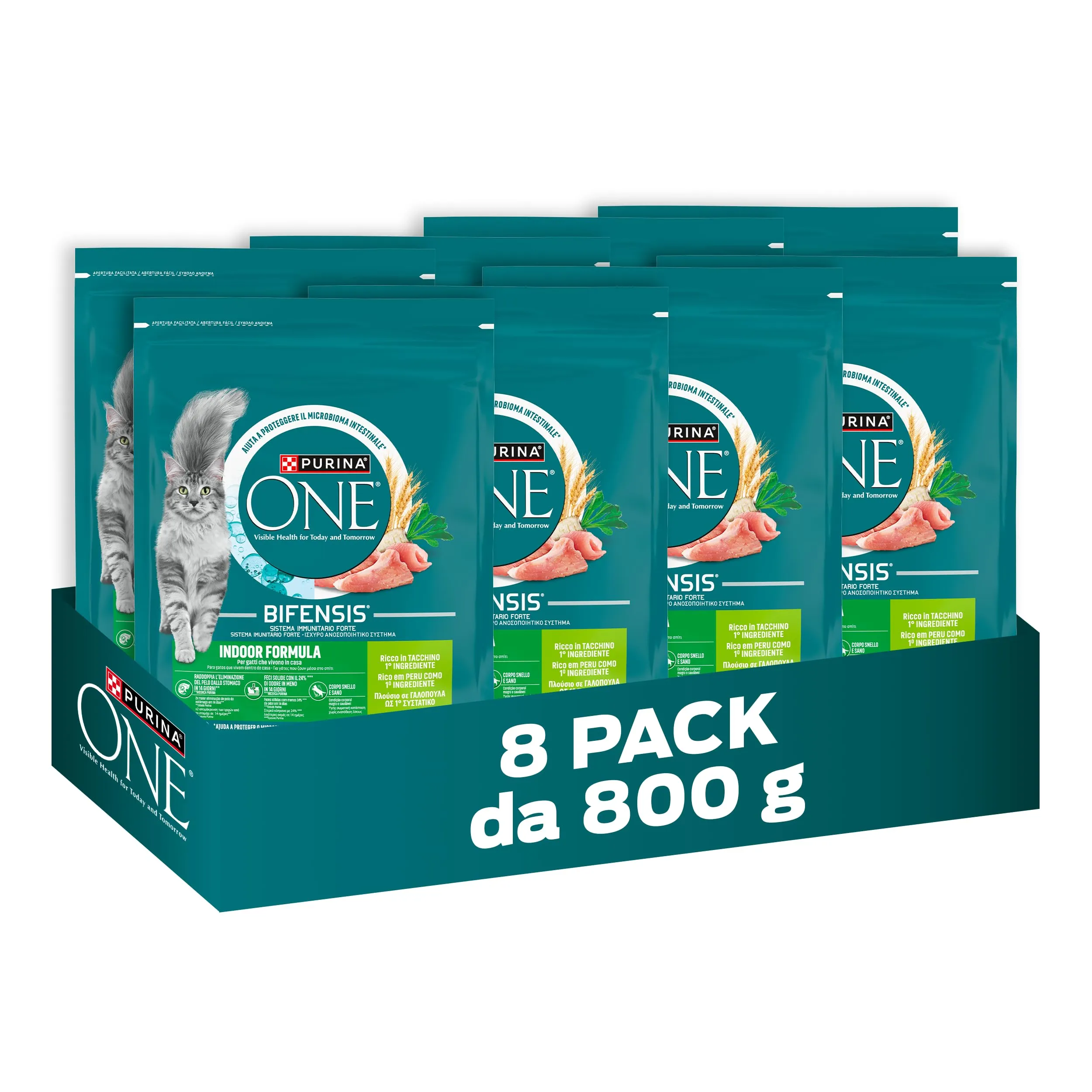 PURINA ONE Bifensis Crocchette per Gatti Adulti Ricco in Tacchino e Cereali Integrali 8 Sacchi da 800g
