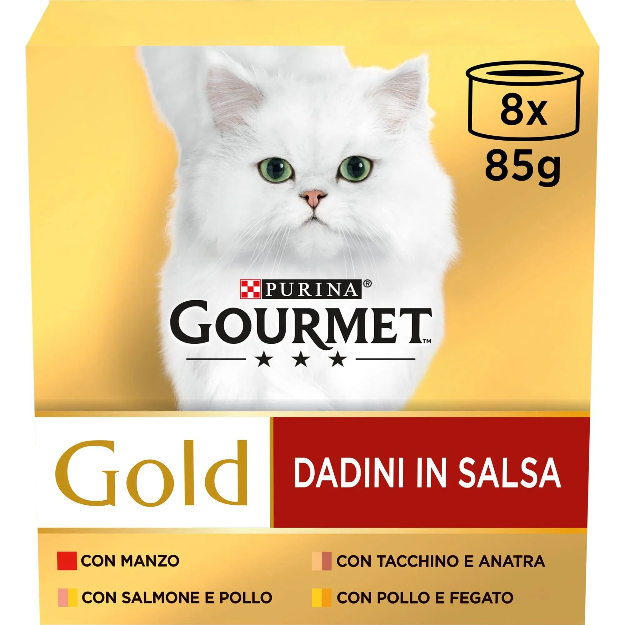 GOURMET GOLD Cibo umido per gatti adulti Dadini in Salsa con Manzo, Tacchino e Anatra, Salmone e Pollo, Fegato e Pollo 96 lattine da 85g