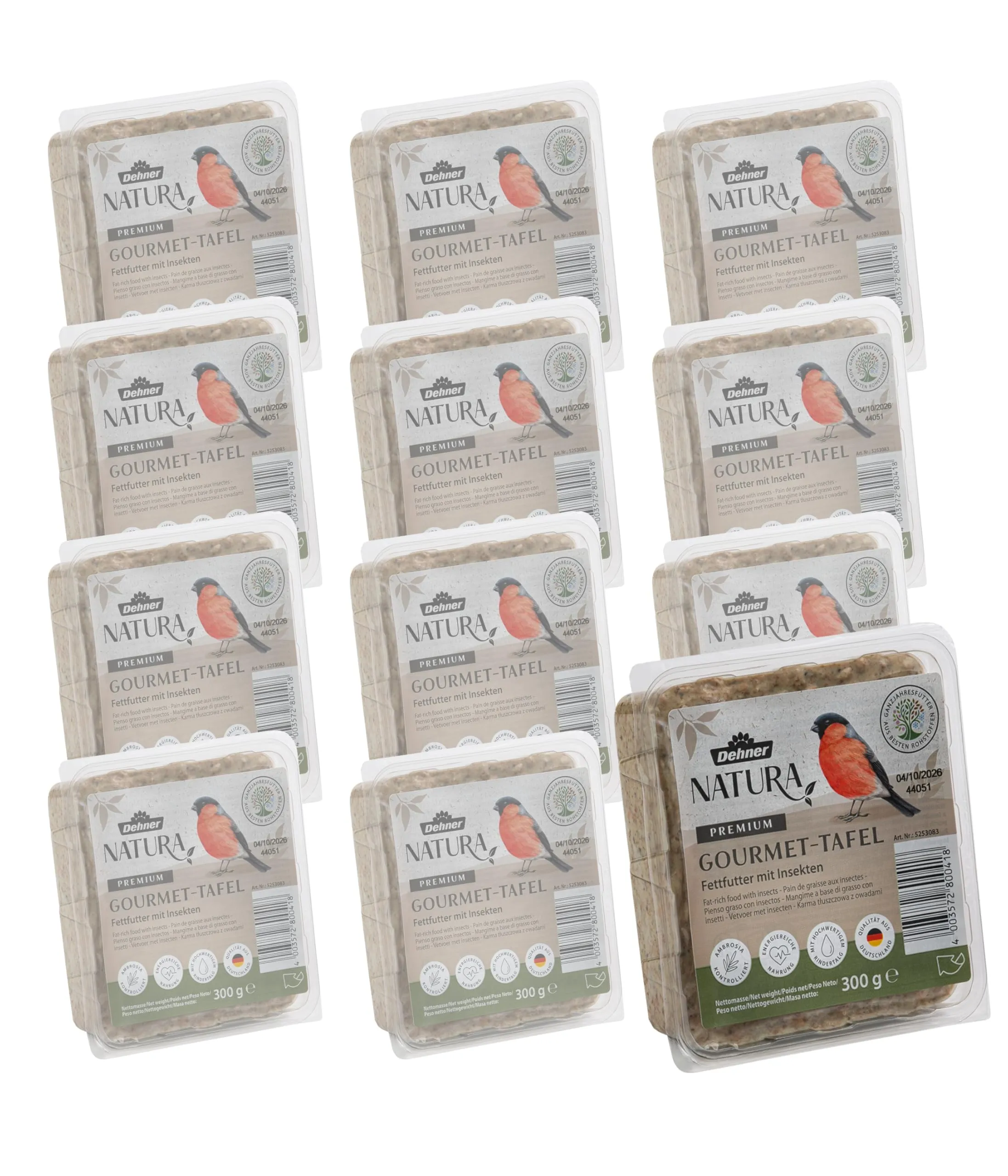 Dehner Natura Premium Tavolette di mangime per uccelli selvatici, Cibo grasso con insetti, Mangime integrativo per uccelli che si nutrono di cereali e cibi morbidi, per tutte le stagioni, 12 x 300 g