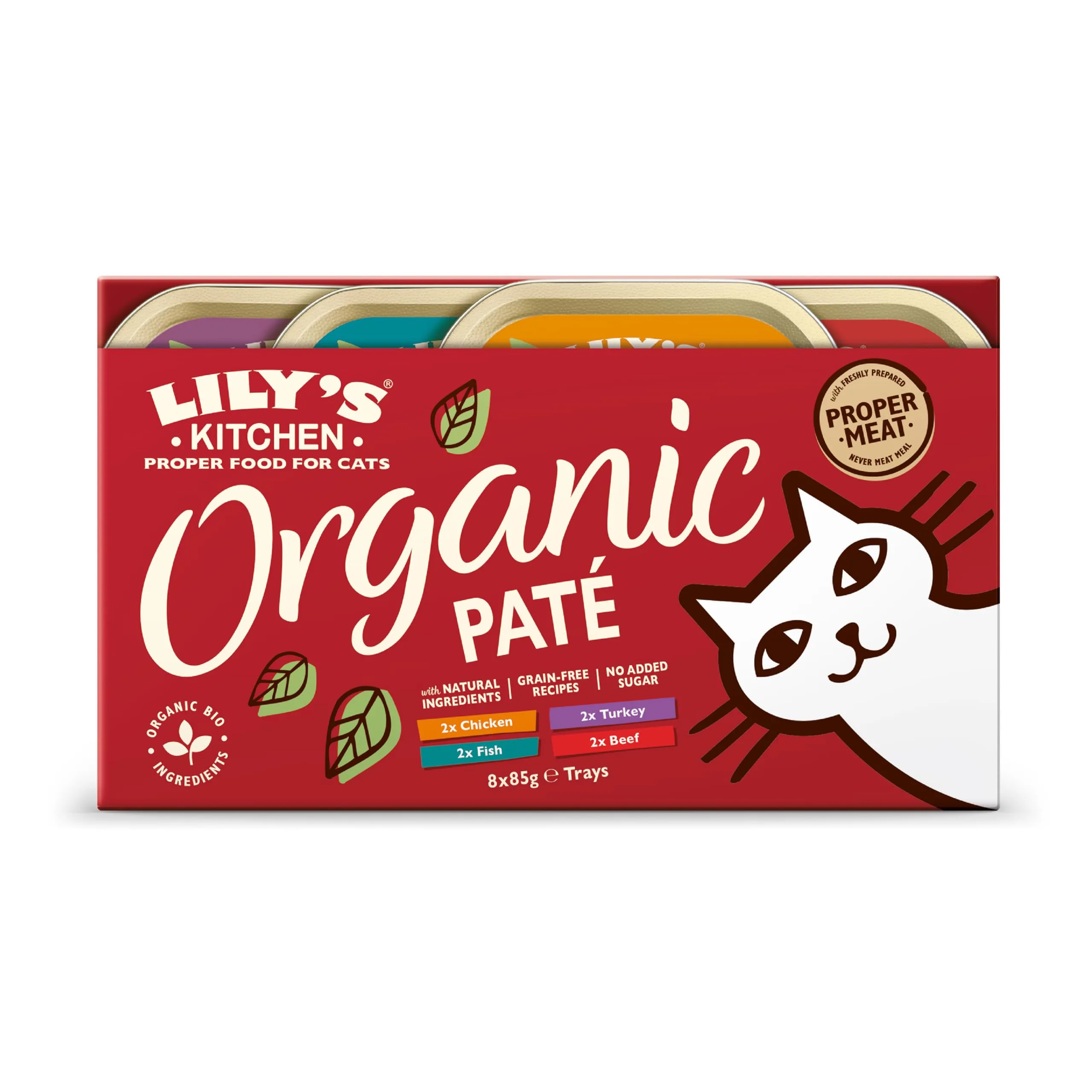 Lily's Kitchen Preparato con ingredienti naturali Cibo umido per gatti adulti Multipack vaschette di paté biologico Ricette prive di cereali 4 confezioni x 8 vaschette x 85g
