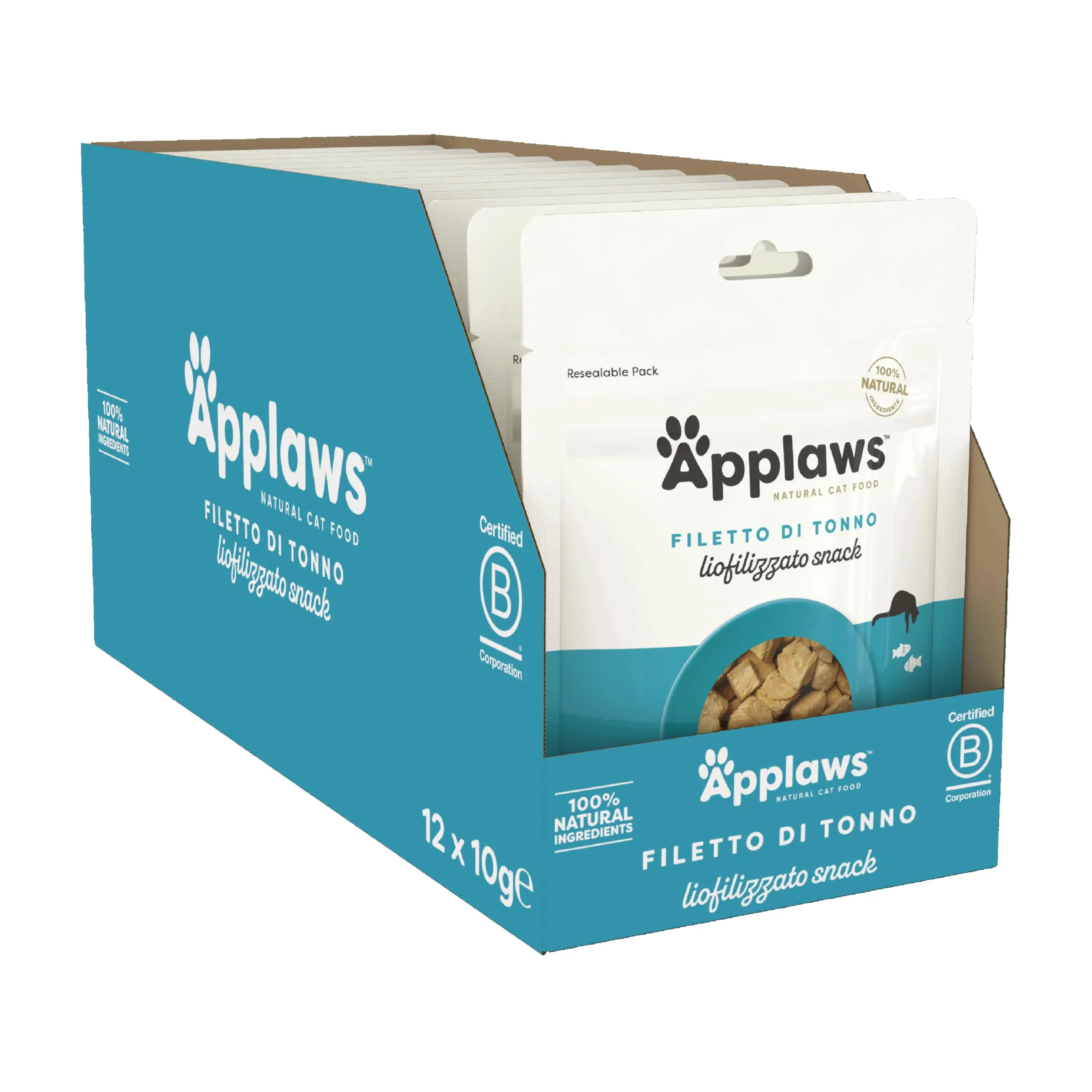 Applaws Snack Naturali al 100% per Gatti, Filetto di Tonno Liofilizzato - Confezione da 12 x 10g Bustine