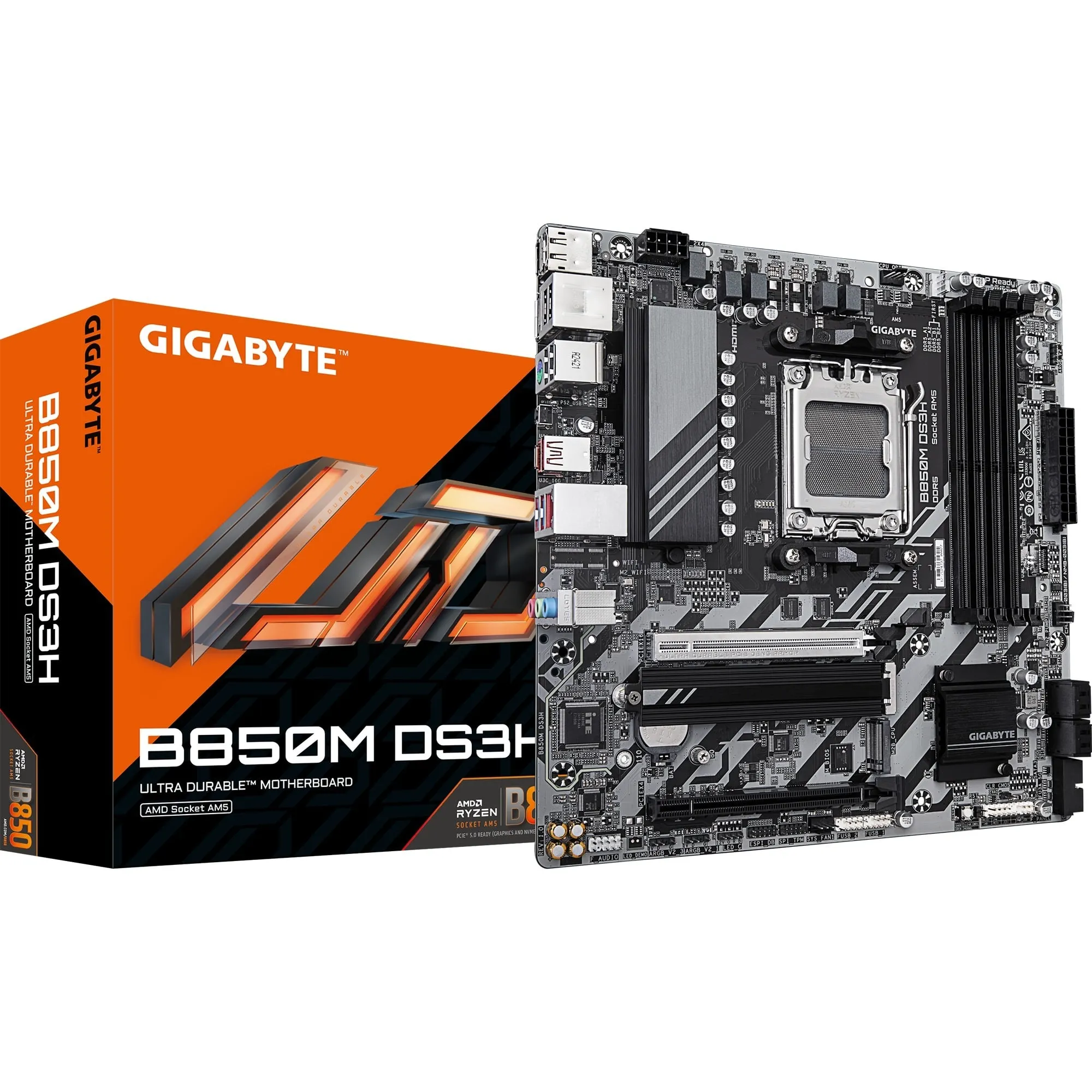 B850M DS3H Scheda Madre - Processori AMD Ryzen Serie 9000, 16+2+2 fasi VRM digitali, fino a 8200MHz DDR5 (OC), 1xPCIe 5.0 + 1xPCIe 4.0 M.2, LAN 2.5, USB 3.2 Gen 2