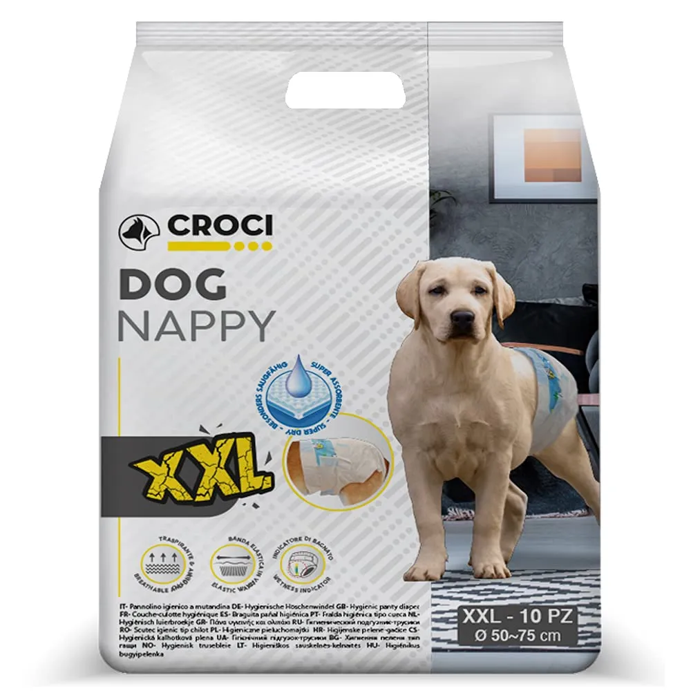 Croci Dog Nappy - Mutanda Assorbente per cani femmine, taglia XXL - Ø 50-75 cm, Pannolino igienico ciclo e pipi cane, Antiodore, Usa e getta, Chiusura adesiva regolabile, 10 pz