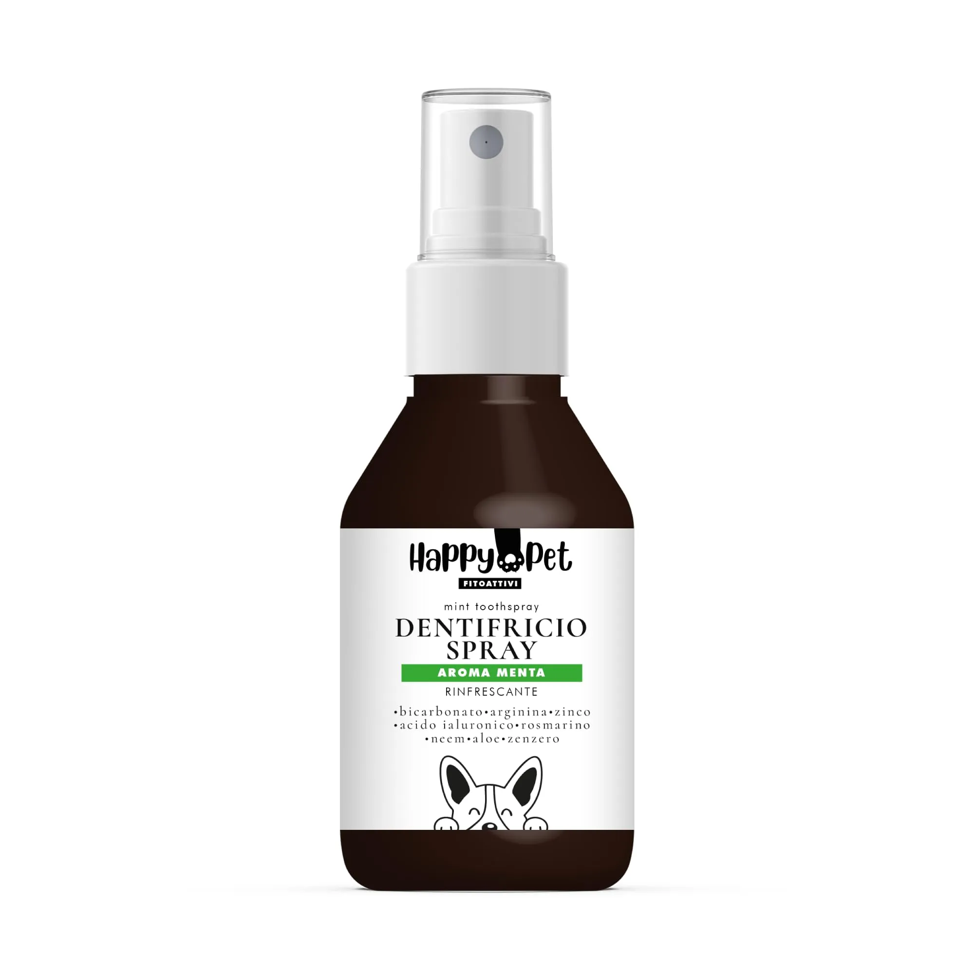 Happy Pet Dentifricio Spray per Cani 150ml – Naturale Antiplacca e Antitartaro – Alito Fresco – Senza Spazzolino – Disponibile in 3 Aromi: Neutro, Menta, Pesca (150ML, Menta)