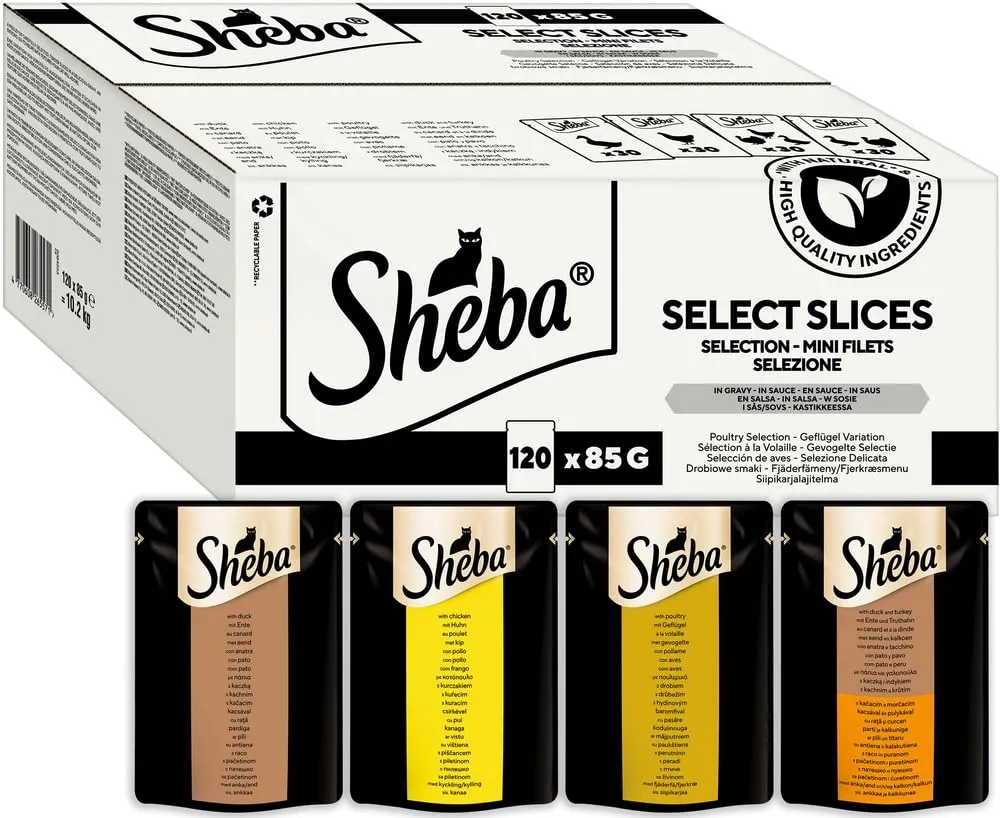 Sheba Selezione Delicata in Salsa, gusti Pollo, Tacchino, Pollame, Anatra, cibo umido completo per gatti adulti, 120 Bustine da 85g