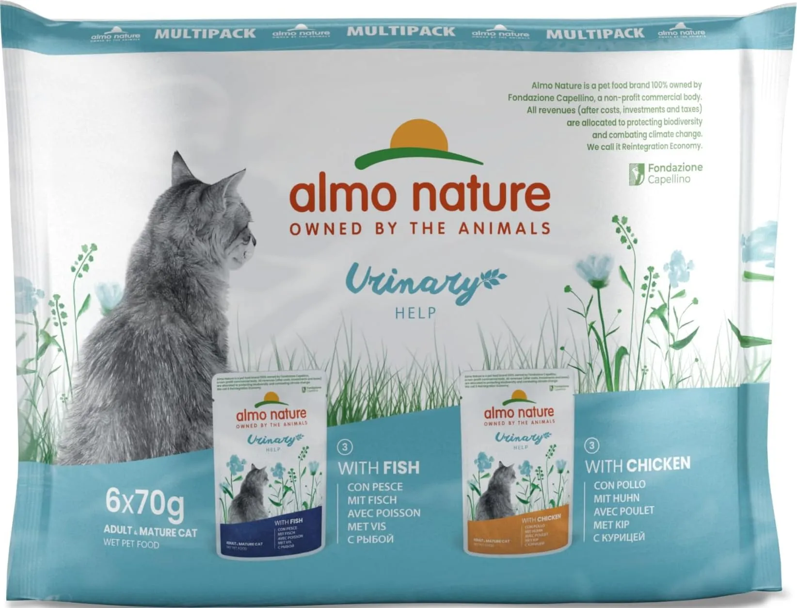 Almo Nature Functional Urinary Help - Cibo Umido per Gatti Adulti Gusto Pesce e Pollo - Supporto per il Benessere delle Vie Urinarie - 6 Buste da 70g