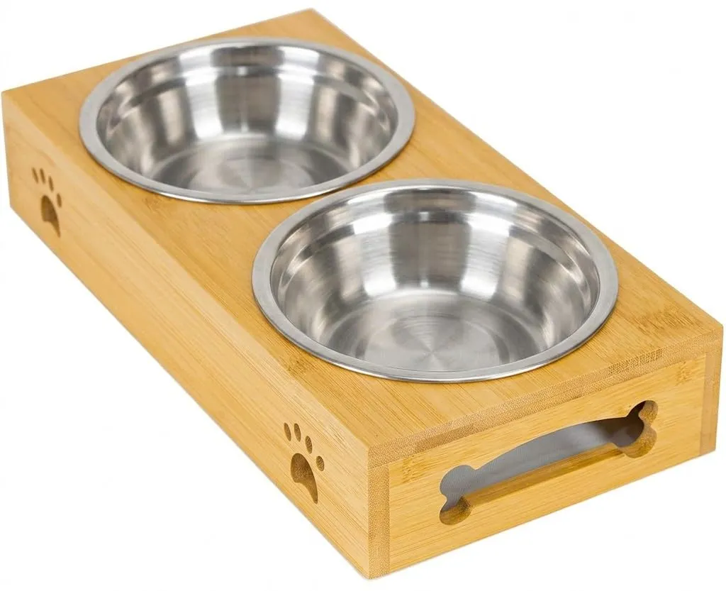 Edipets, Ciotole per Cani, Gatti, Abbeveratoio per Cani Gatti, Doppia e Tripla Rimovibile in Ceramica o Acciaio Inossidabile, Base Antiscivolo in Bambù (Acciaio Inox, Doppio)