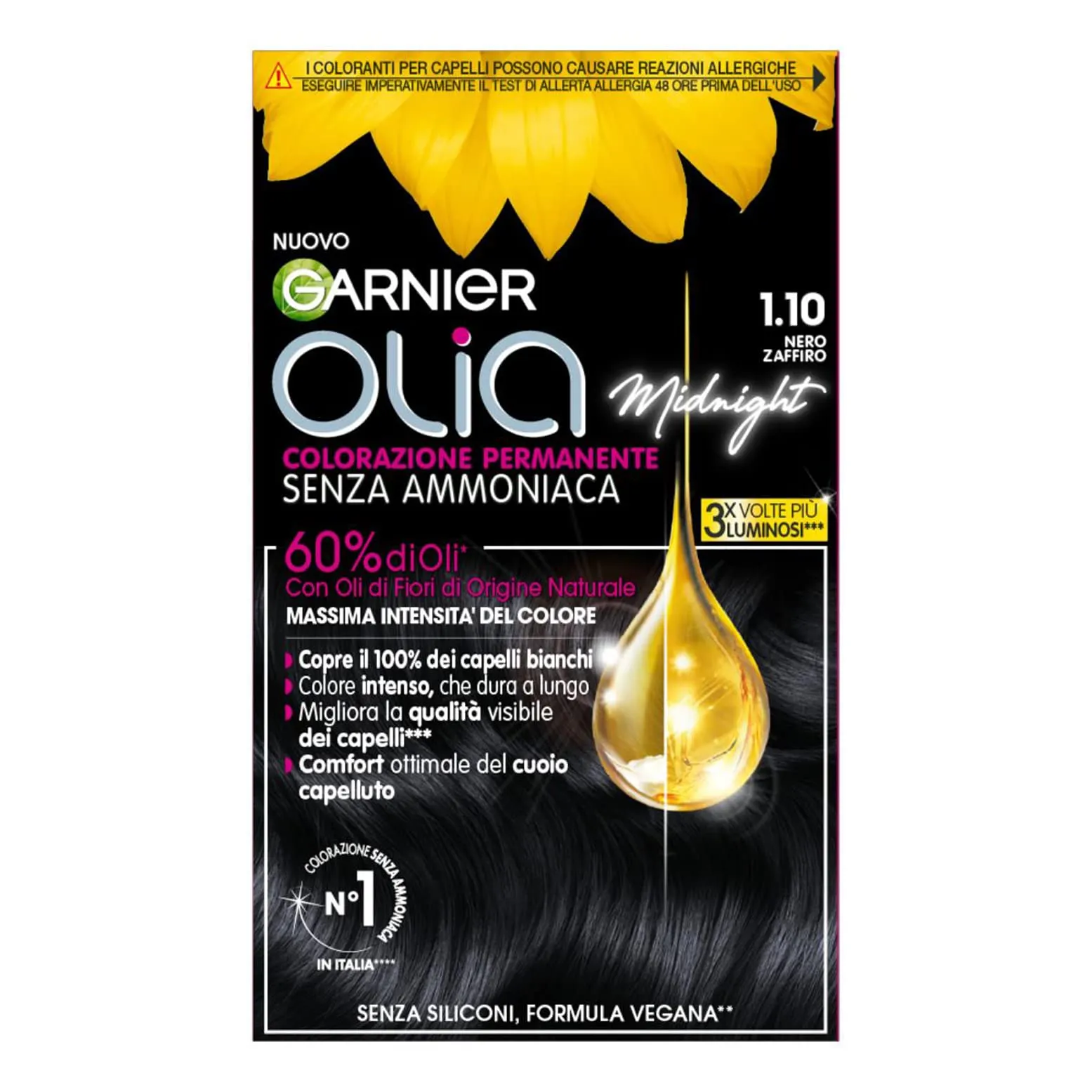 Garnier Olia Midnight Tinta Capelli, Colorazione Permanente Senza Ammoniaca, Fragranza Delicata, Copre il 100% dei Capelli Bianchi, Con Oli di Fiore di Origine Naturale, Formula Vegana, Nero Zaffiro