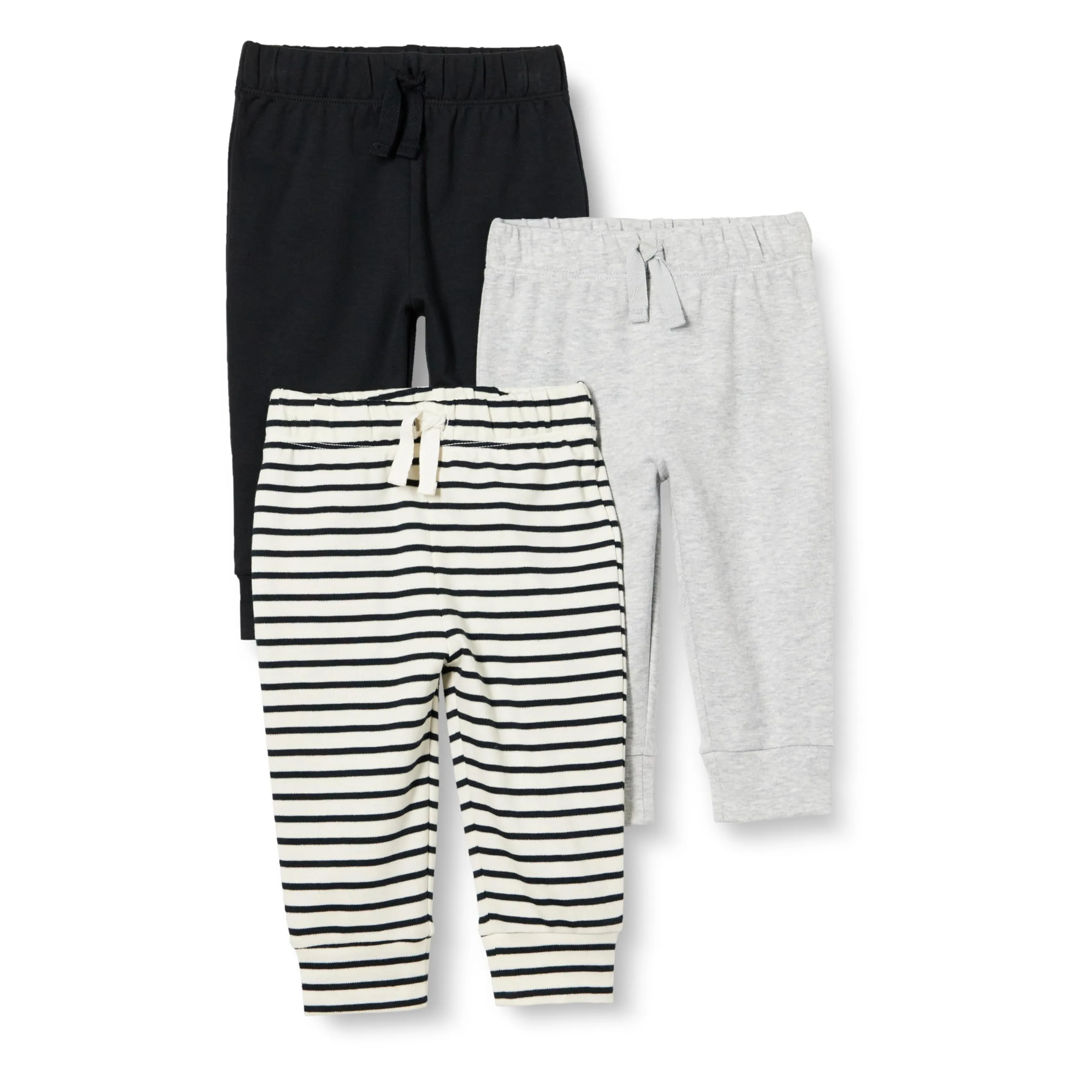 Amazon Essentials Pantaloni Senza Chiusura in Cotone Unisex Bambini e Ragazzi, Pacco da 3, Grigio Chiaro Puntinato/Nero/Righe, 2 anni