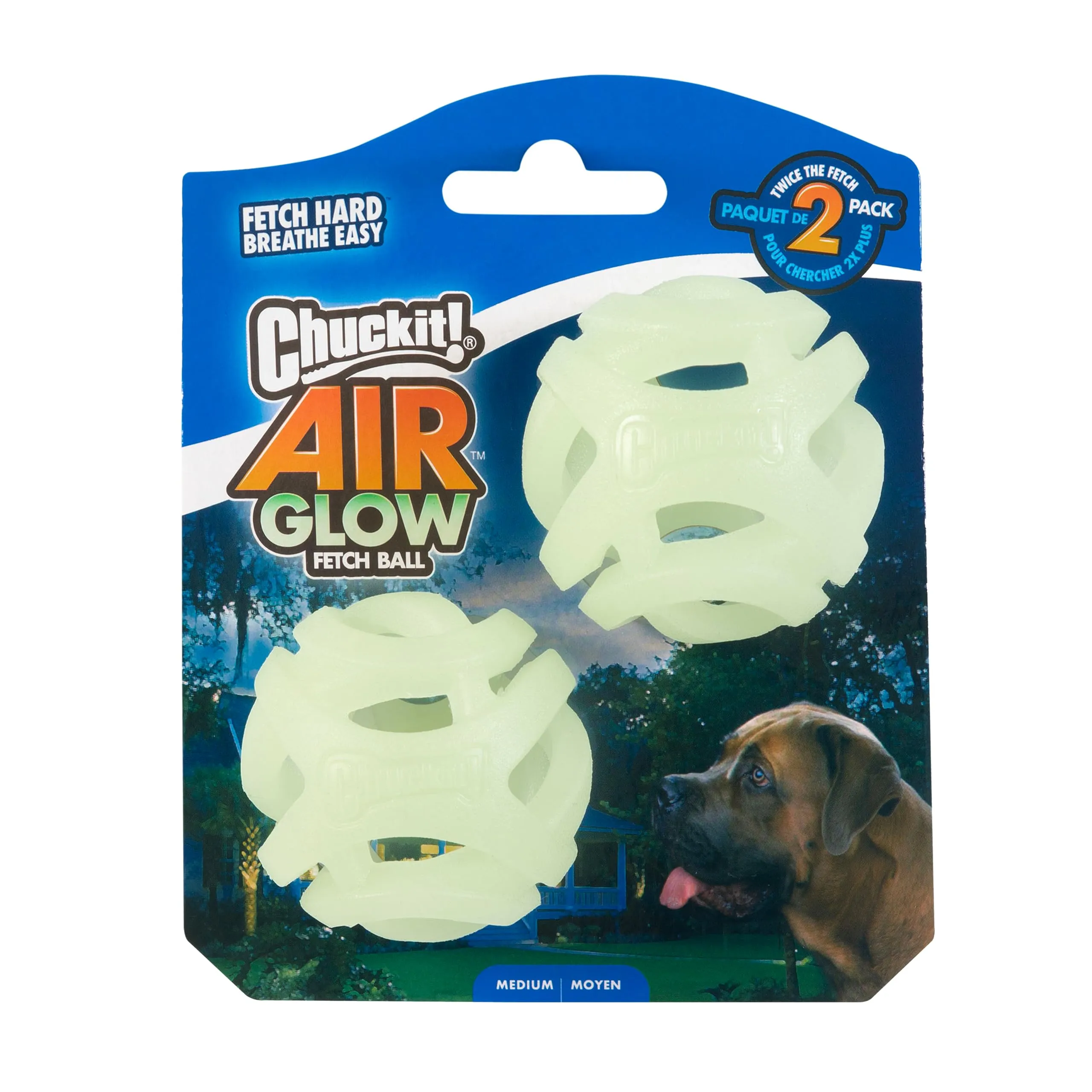 Chuckit! – Air Glow Ball – Palla fosforescente per cani – Giocattolo di recupero per – Che facilita la circolazione dell'aria per cani – Misura media – Diametro di 6,5 cm – Confezione da 2 palline
