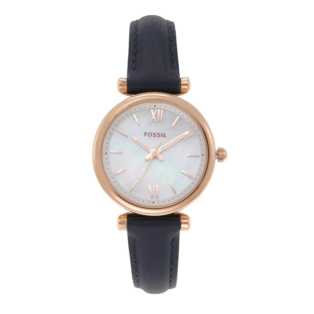 Fossil Orologio Carlie da donna, Movimento al quarzo a tre lancette con cinturino in pelle, Blu E Oro Rosa
