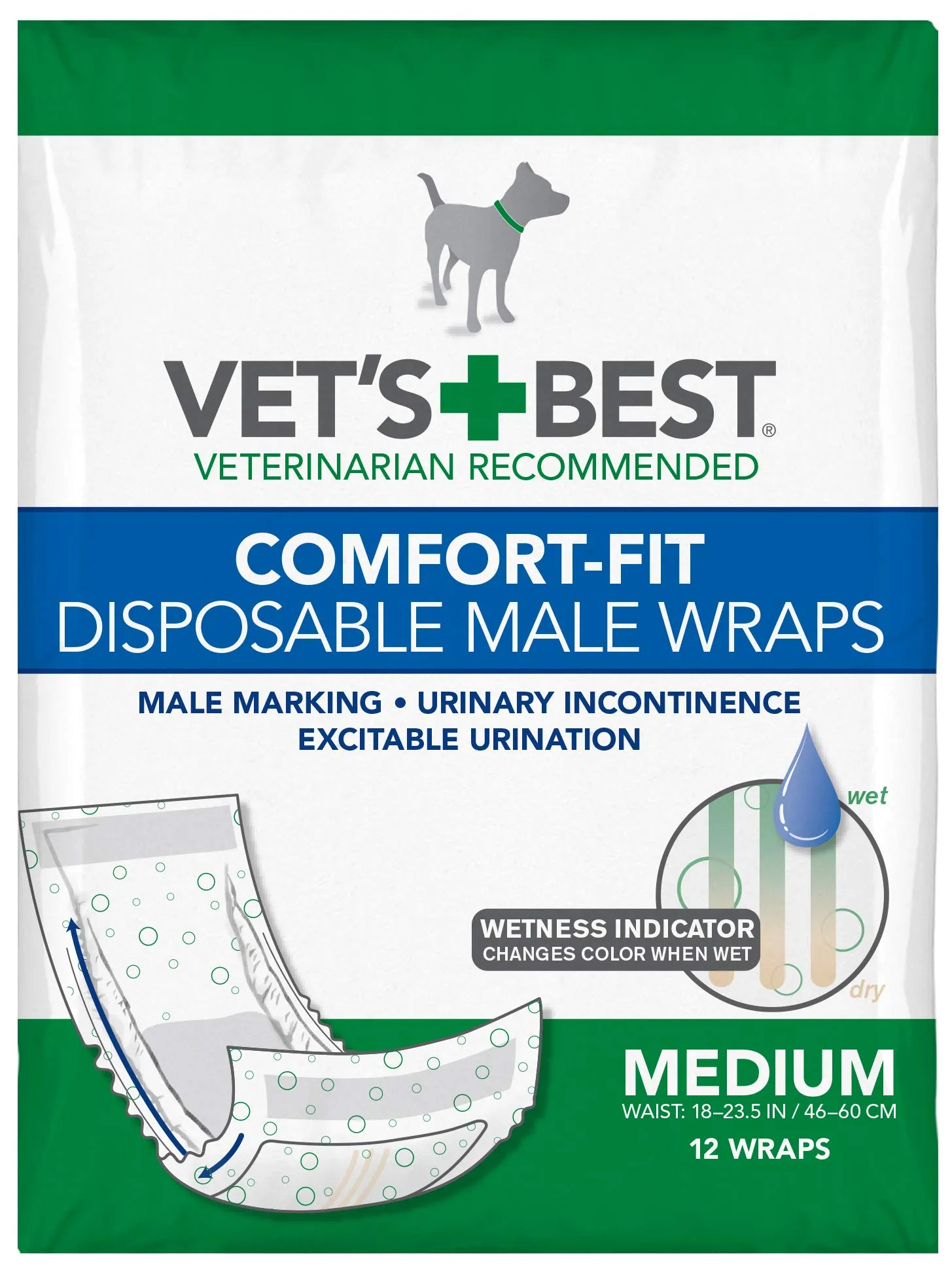 Vet's Best Comfort Fit wrap usa e getta per cane maschio con indicatore di umidità, Confezione da 12 pz.