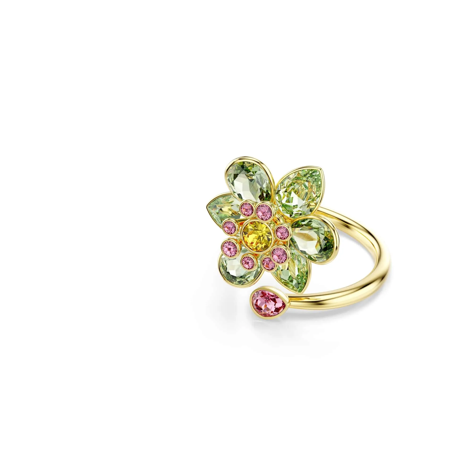 Swarovski Idyllia Anello Aperto, Gioiello Versatile con Cristalli Verdi, Rosa e Gialli, Pietre Preziose a Taglio Misto, Motivo a Fiore, Placcatura in Tonalità Oro, Taglia 55