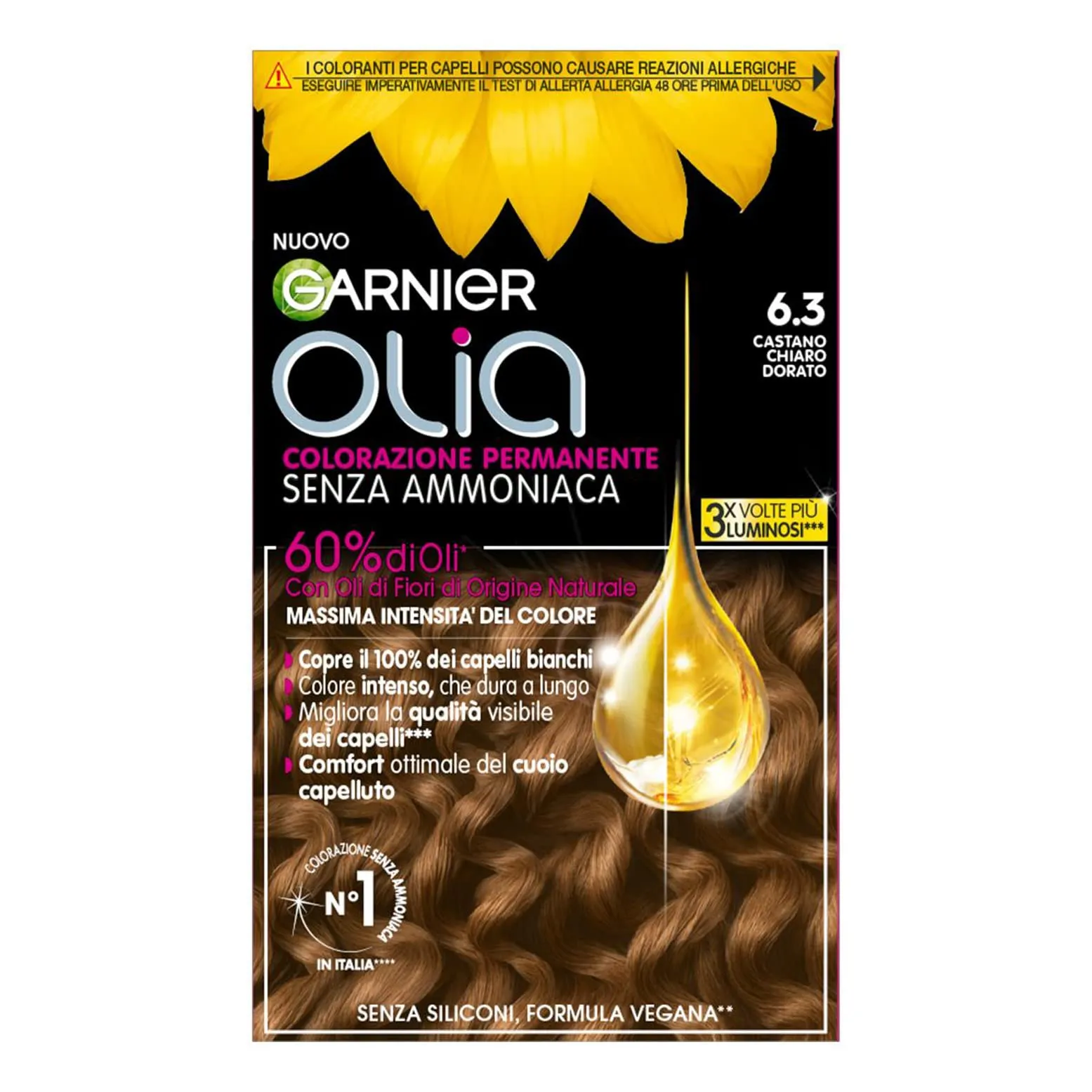 Garnier Olia, Colorazione Permanente Senza Ammoniaca, Copre il 100% dei Capelli Bianchi, Con Oli di Fiore di Origine Naturale, Formula Vegana, Castano Chiaro Dorato