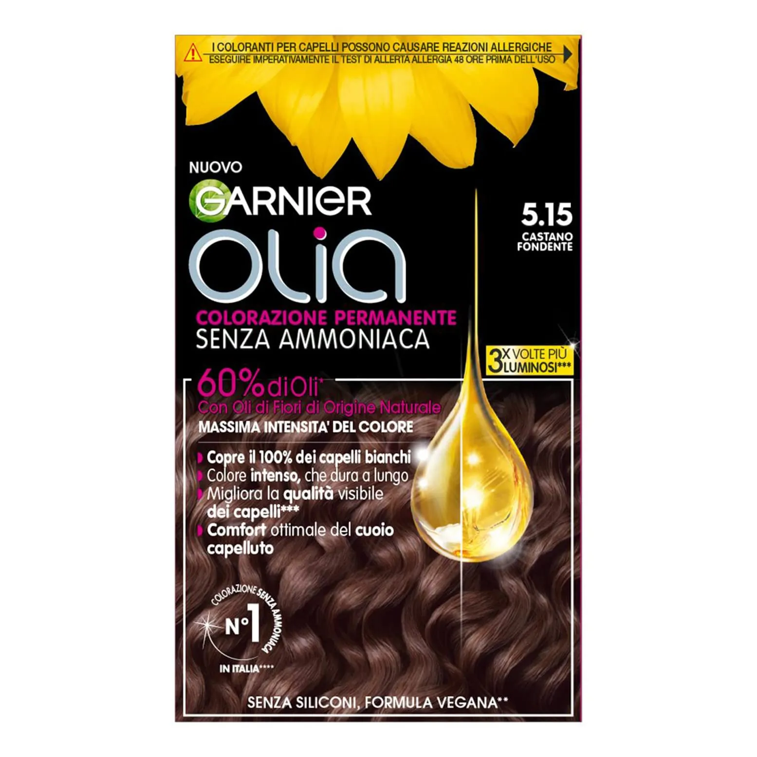 Garnier Olia Tinta Capelli, Colorazione Permanente Senza Ammoniaca, Fragranza Delicata, Copre il 100% dei Capelli Bianchi, Con Oli di Fiore di Origine Naturale, Formula Vegana, Colore Castano Fondente