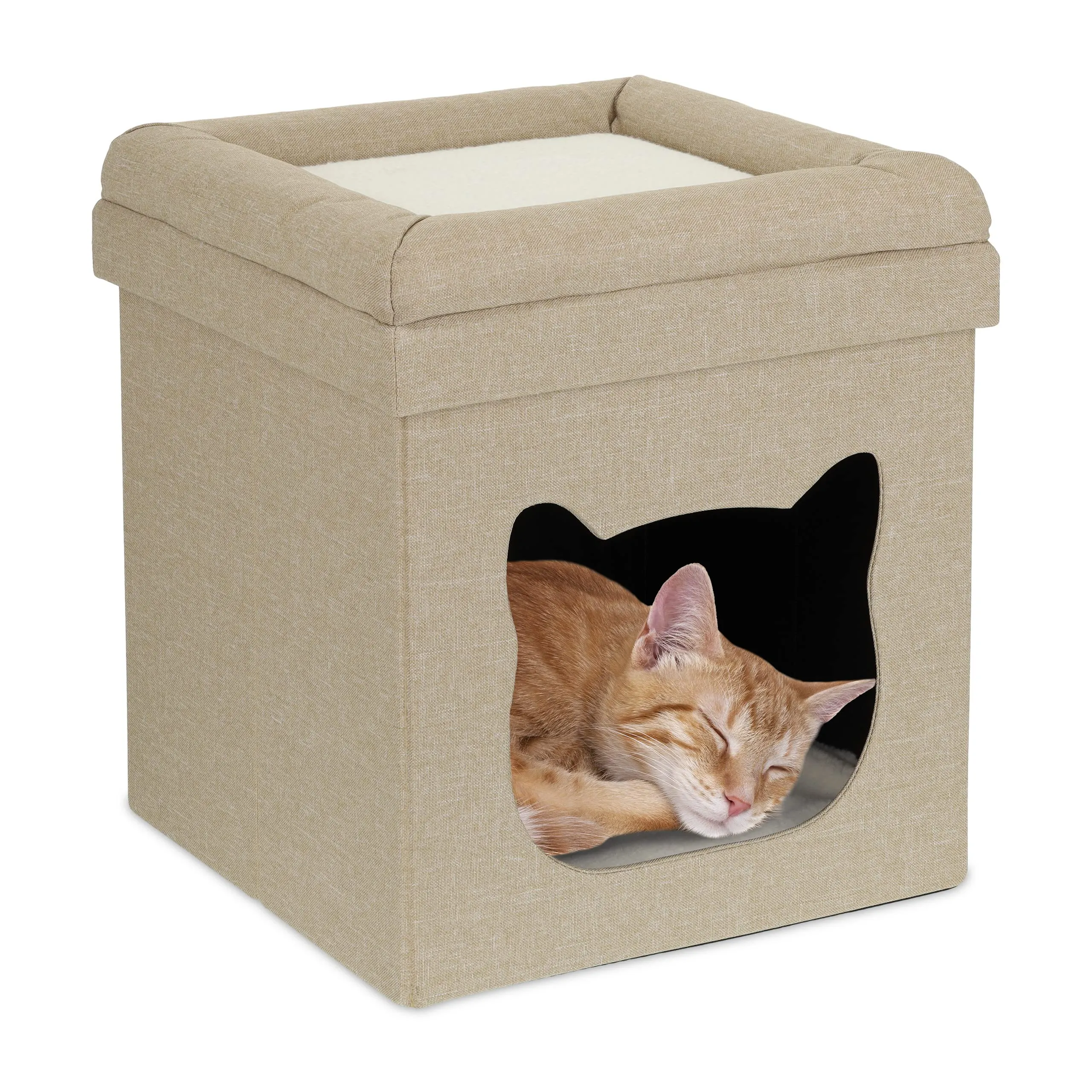 Relaxdays Casetta per Gatti, Rifugio Soffice per Gattini, Cuccia Pieghevole a 2 Livelli, 44 x 40 x 40 cm, Marrone Bianco