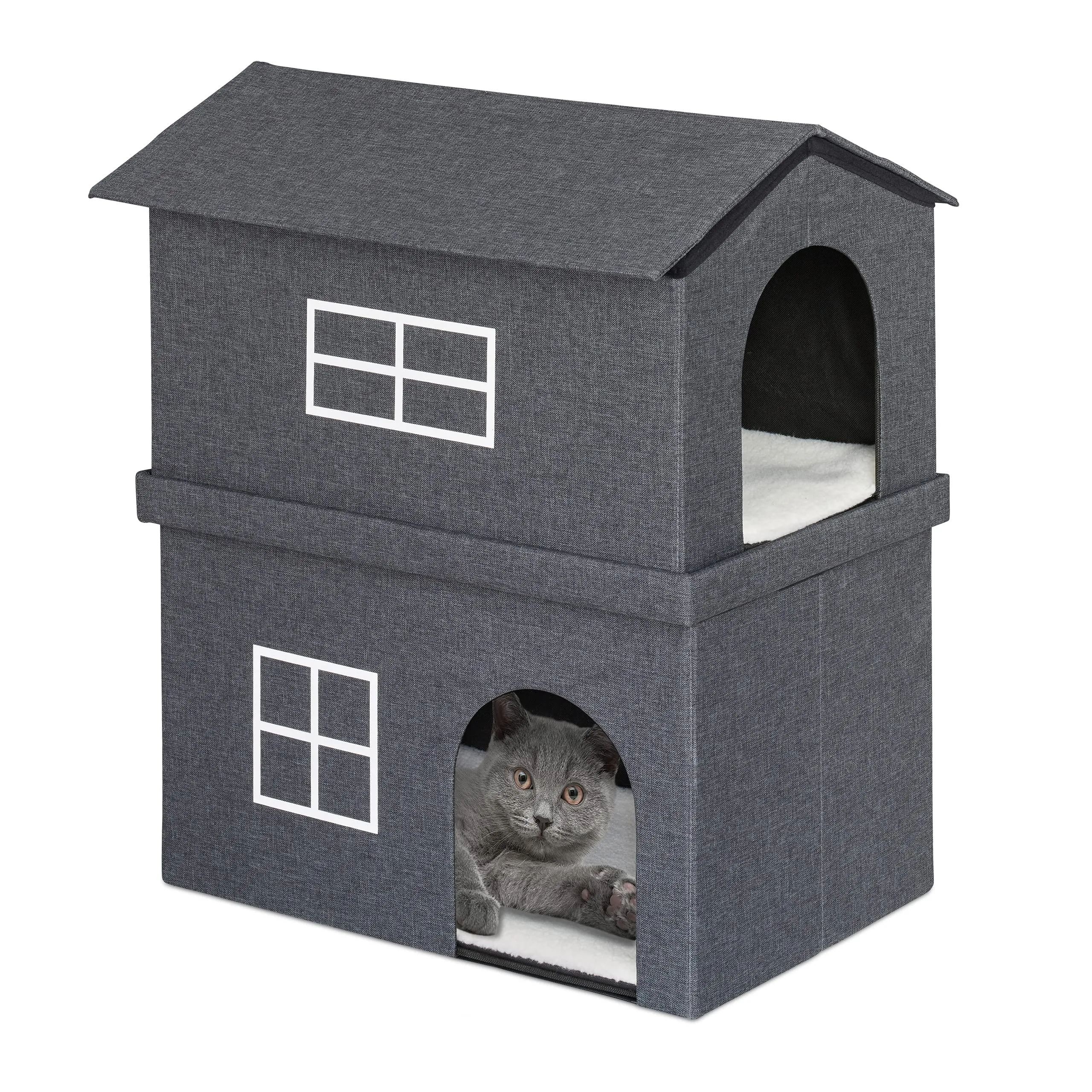 Relaxdays Casetta per Gatti, Rifugio Soffice, Cuccia Pieghevole a 2 Entrate, HxLxP: 71,5 x 62,5 x 44 cm, Grigio Scuro