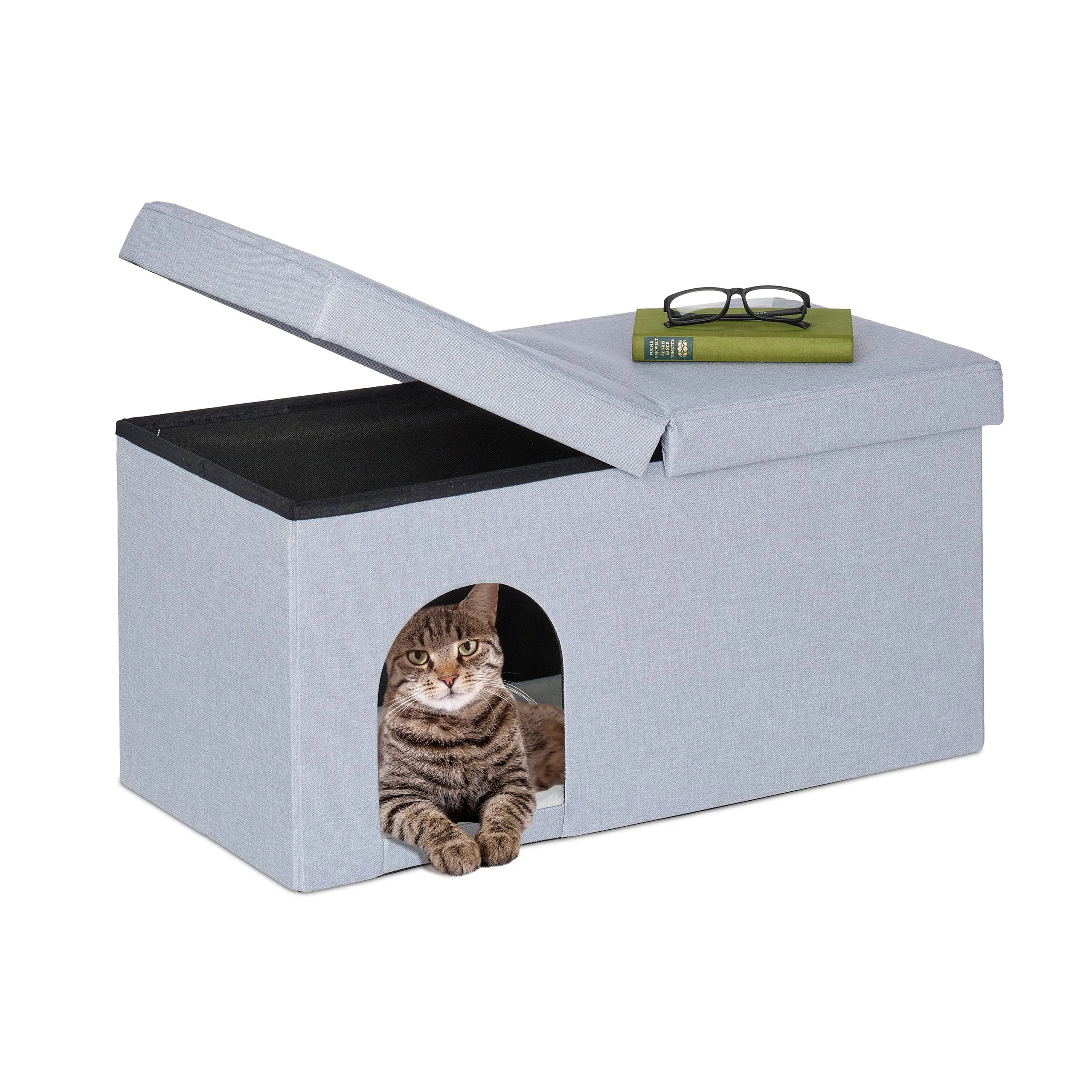 Relaxdays Cassapanca con Cuccia per Gatti e Cani Piccoli, Panca con Tana per Animali, HLP 38,5 x 74,5 x 37 cm, Grigio
