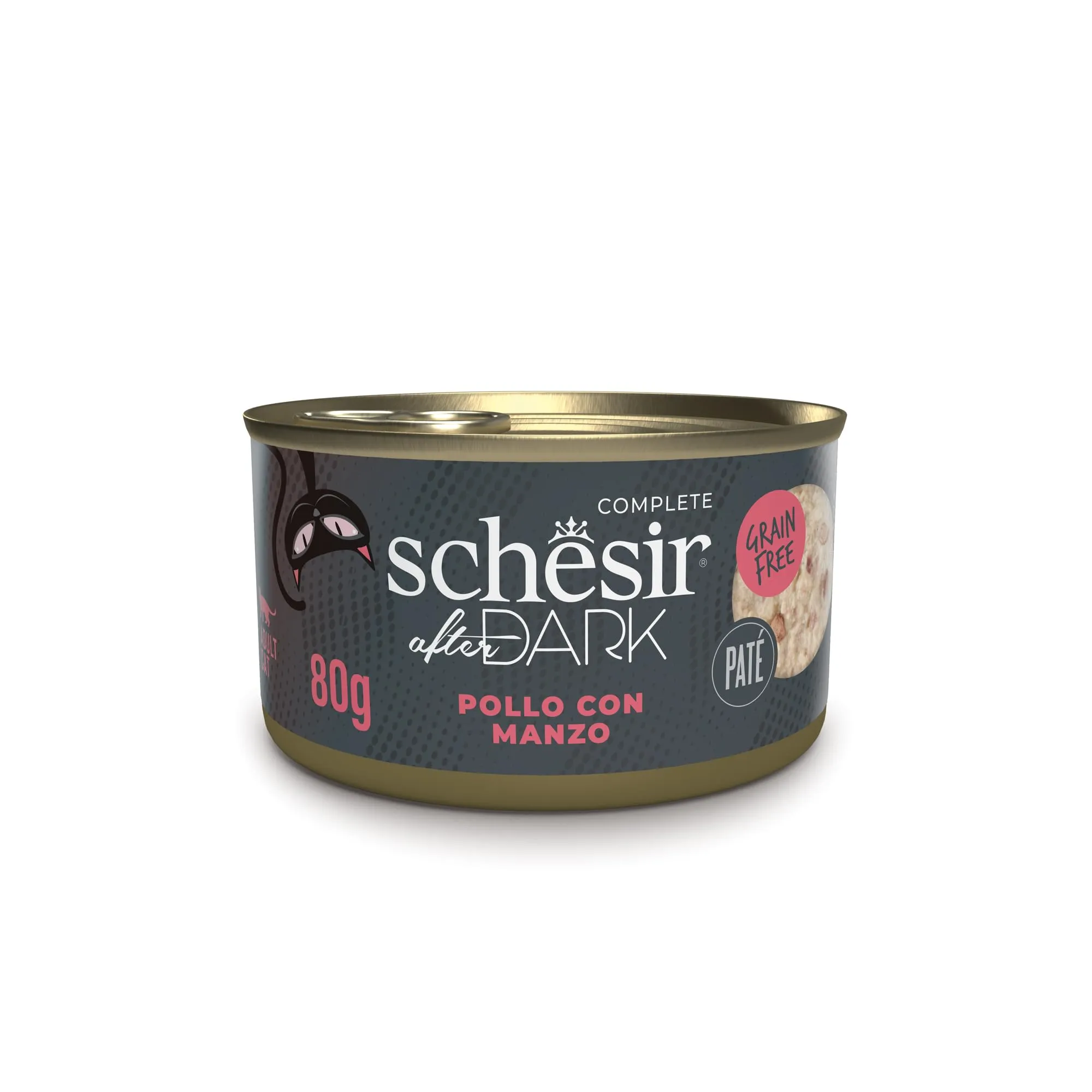 Schesir After Dark, Filetti di Pollo con Manzo in Patè, Alimento Umido Completo per Gatti, in Lattina, Grain Free, Alto Contenuto di Proteine, Fonte di Idratazione, 12 x 80 g