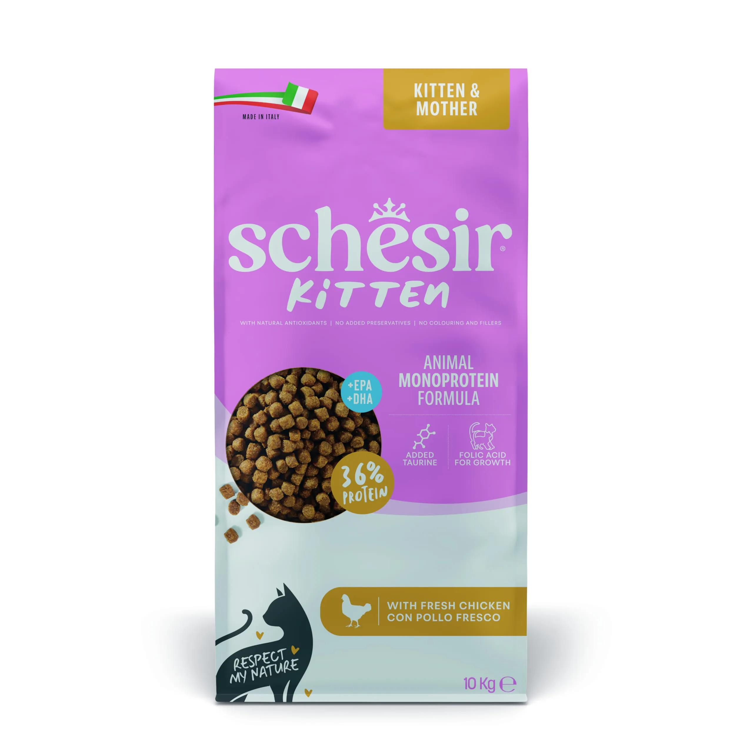 Schesir Animal Monoprotein Kitten Pollo, Croccantini per Gatti Adulti, Alimento Secco Monoproteico, Vitamine Aggiunte, Senza Conservanti e Coloranti, 10 kg