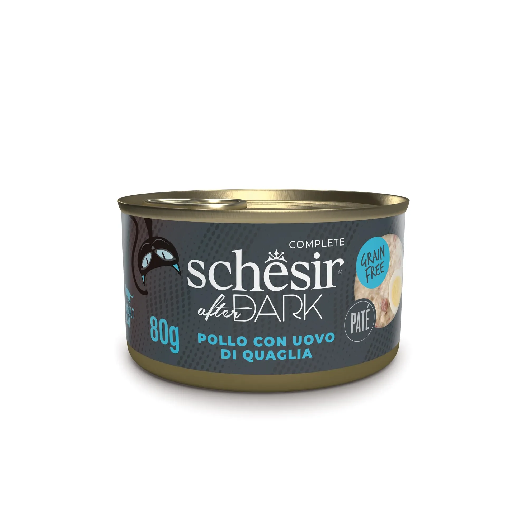 Schesir After Dark, Filetti di Pollo con Uova di Quaglia in Patè, Alimento Umido Completo per Gatti, in Lattina, Grain Free, Alto Contenuto di Proteine, Fonte di Idratazione, 12 x 80 g