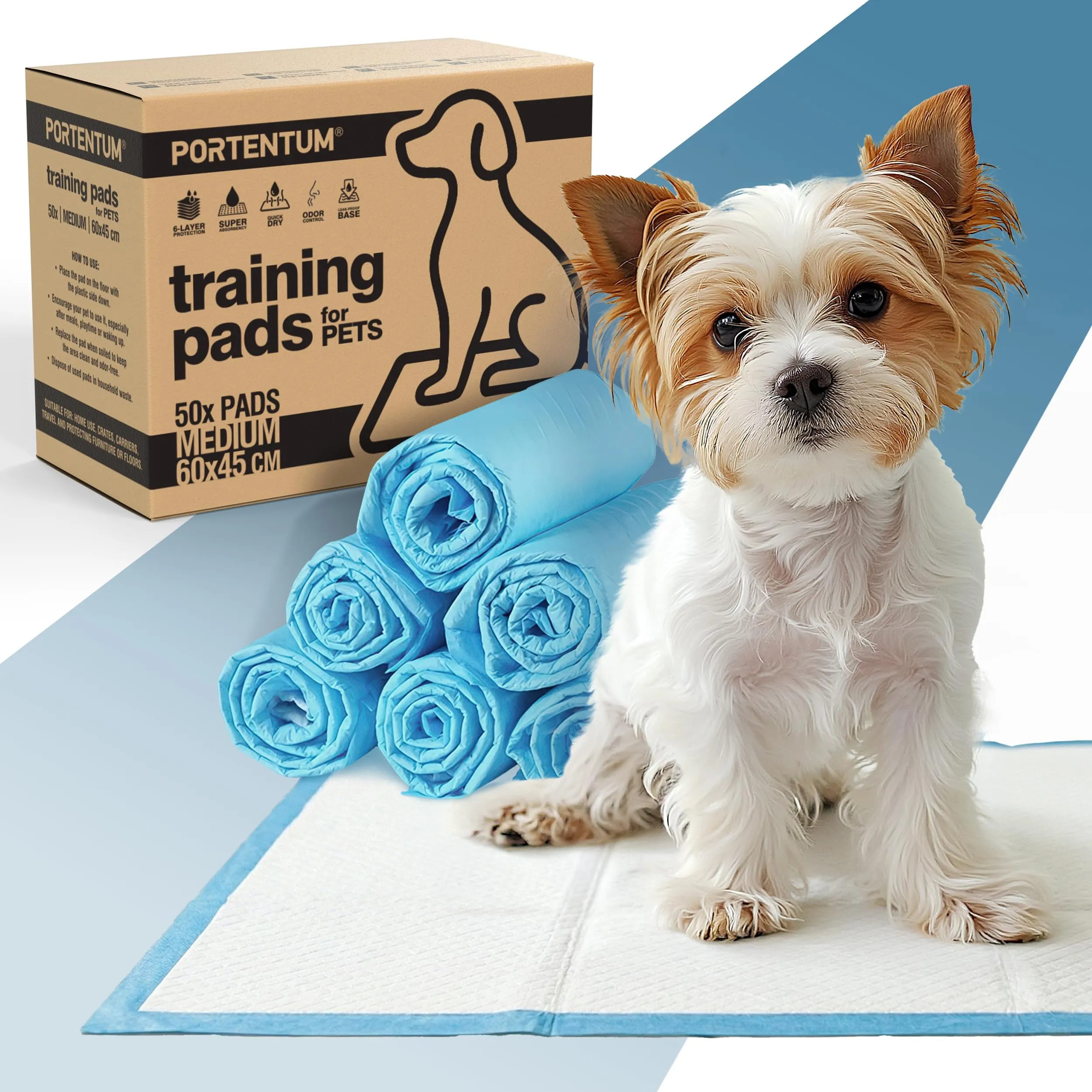 PORTENTUM Traversine cani 60x45 cm 50 pezzi – Tappetini igienici per cani 6 strati assorbenti antifuga con controllo degli odori – Tappetini cane per addestramento
