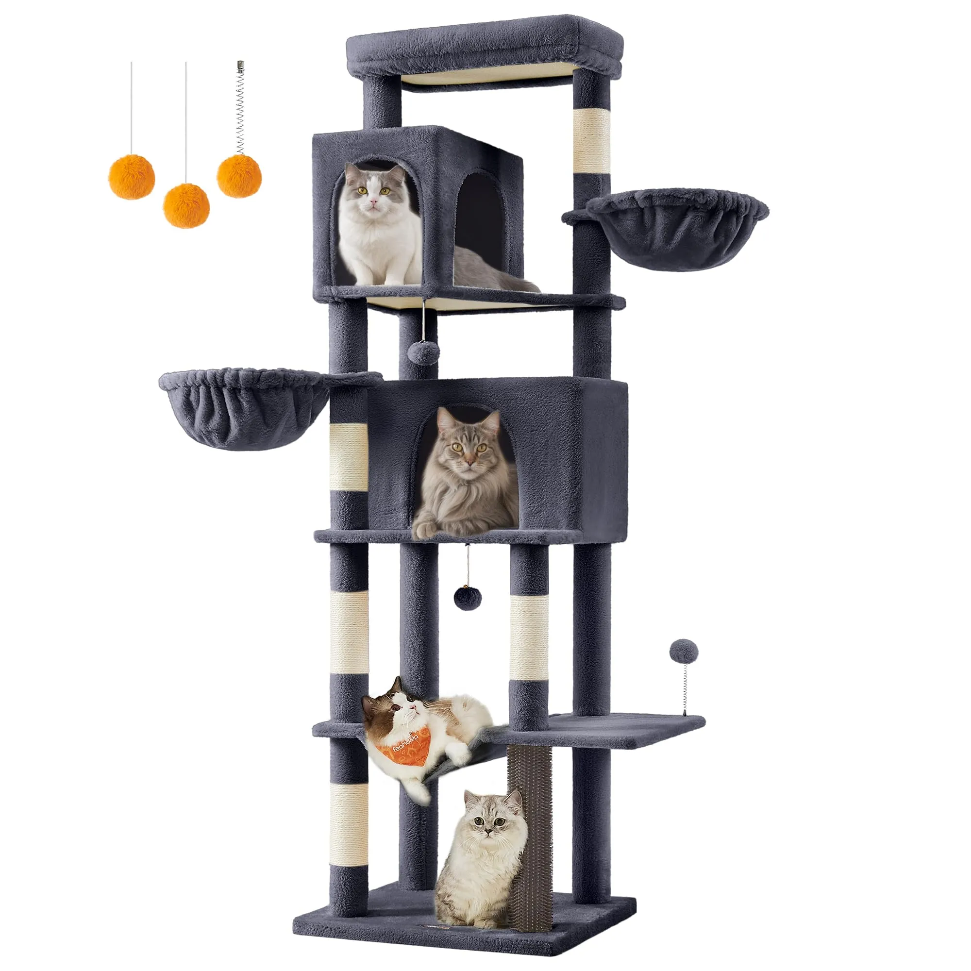 Feandrea Albero per Gatti Grande, Torre Tiragraffi Alto 190,7 cm, Multilivelli con 2 Grotte, 2 Cestini, 5 Graffiatoi, Autospazzola, Trespolo, Amaca, Grigio Scuro PCT183G02