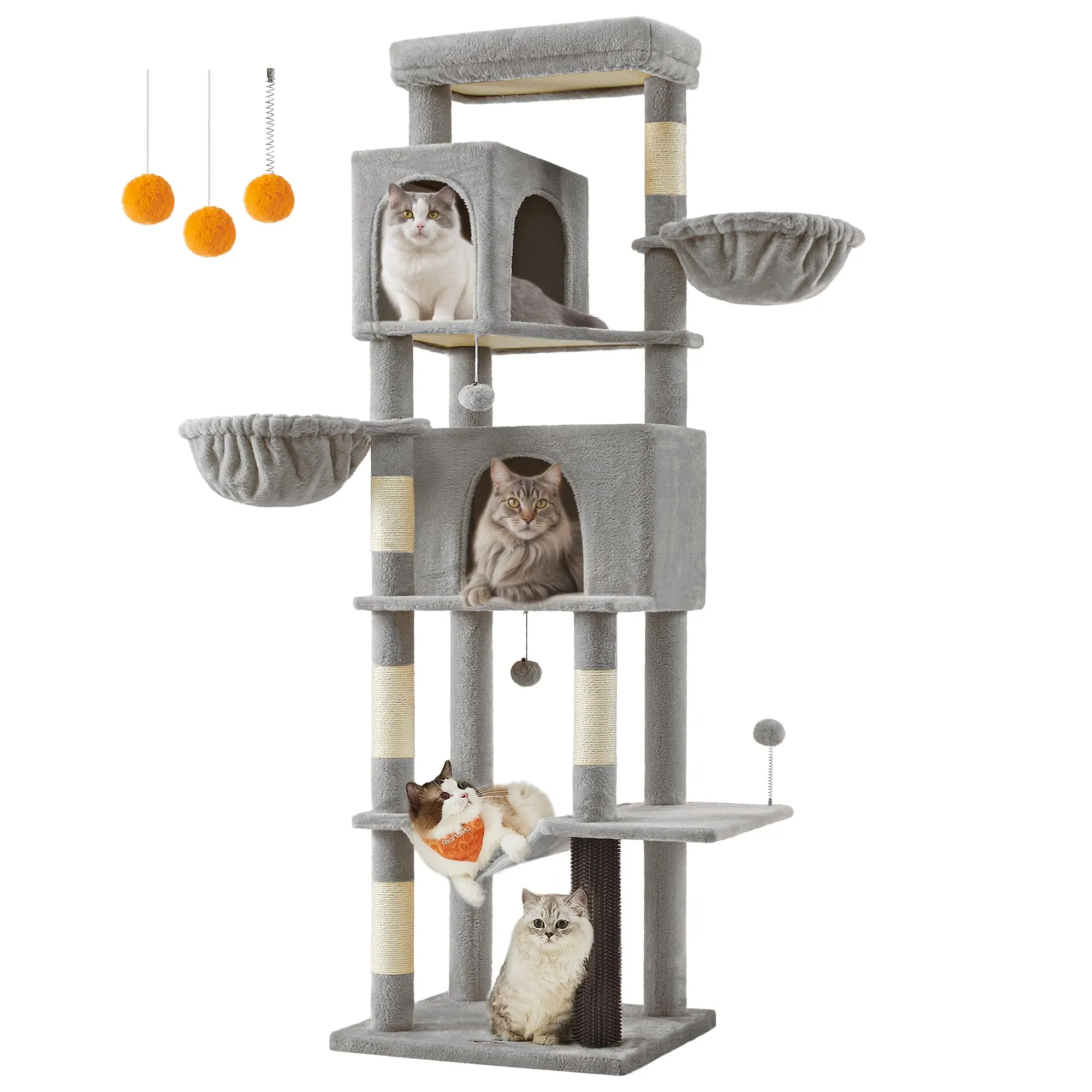 Feandrea Albero per Gatti Grande, Torre Tiragraffi Alto 190,7 cm, Multilivelli con 2 Grotte, 2 Cestini, 5 Graffiatoi, Autospazzola, Trespolo, Amaca, Grigio Tortora PCT183G01