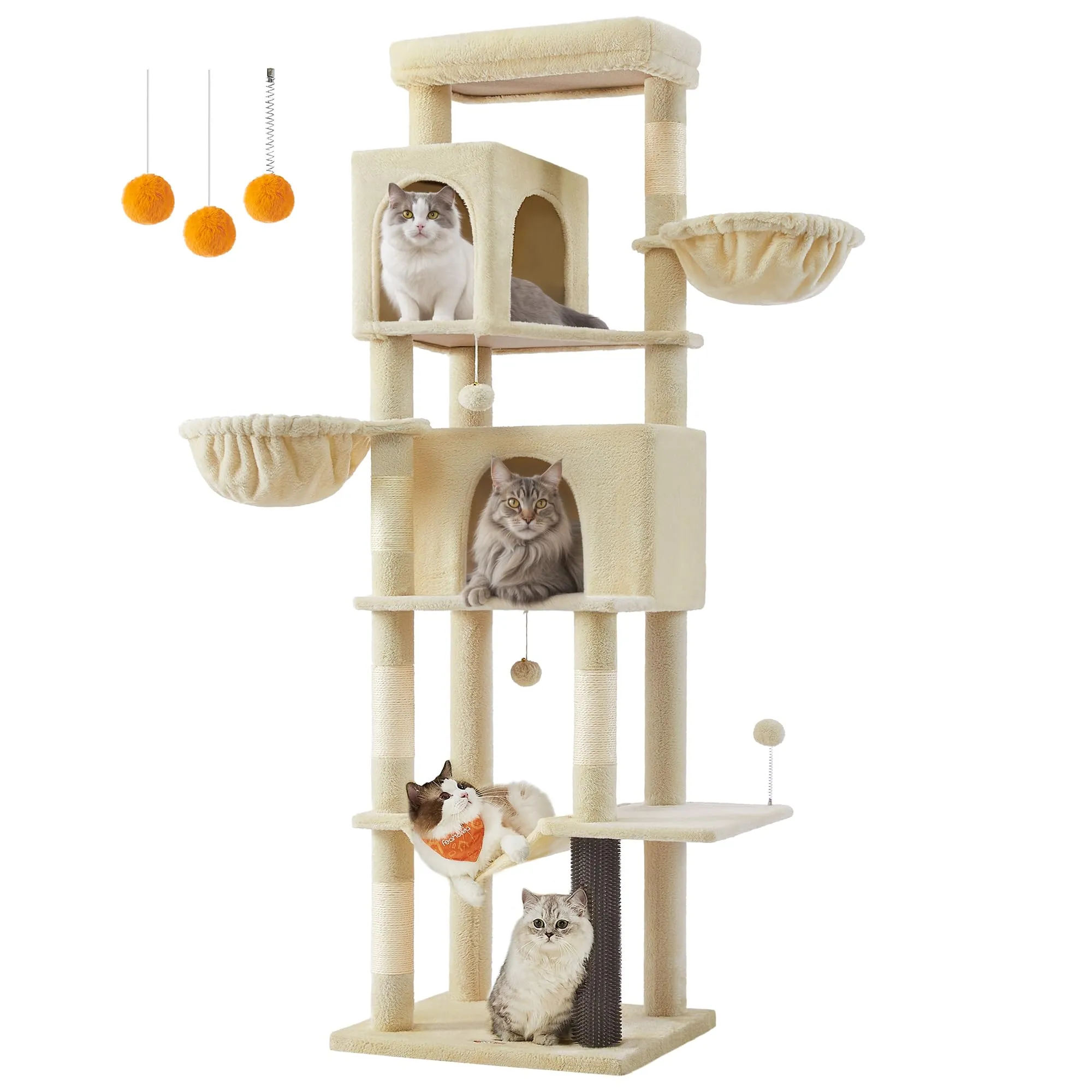 Feandrea Albero per Gatti Grande, Torre Tiragraffi Alto 190,7 cm, Multilivelli con 2 Grotte, 2 Cestini, 5 Graffiatoi, Autospazzola, Trespolo, Amaca, Beige Sabbia PCT183Y01