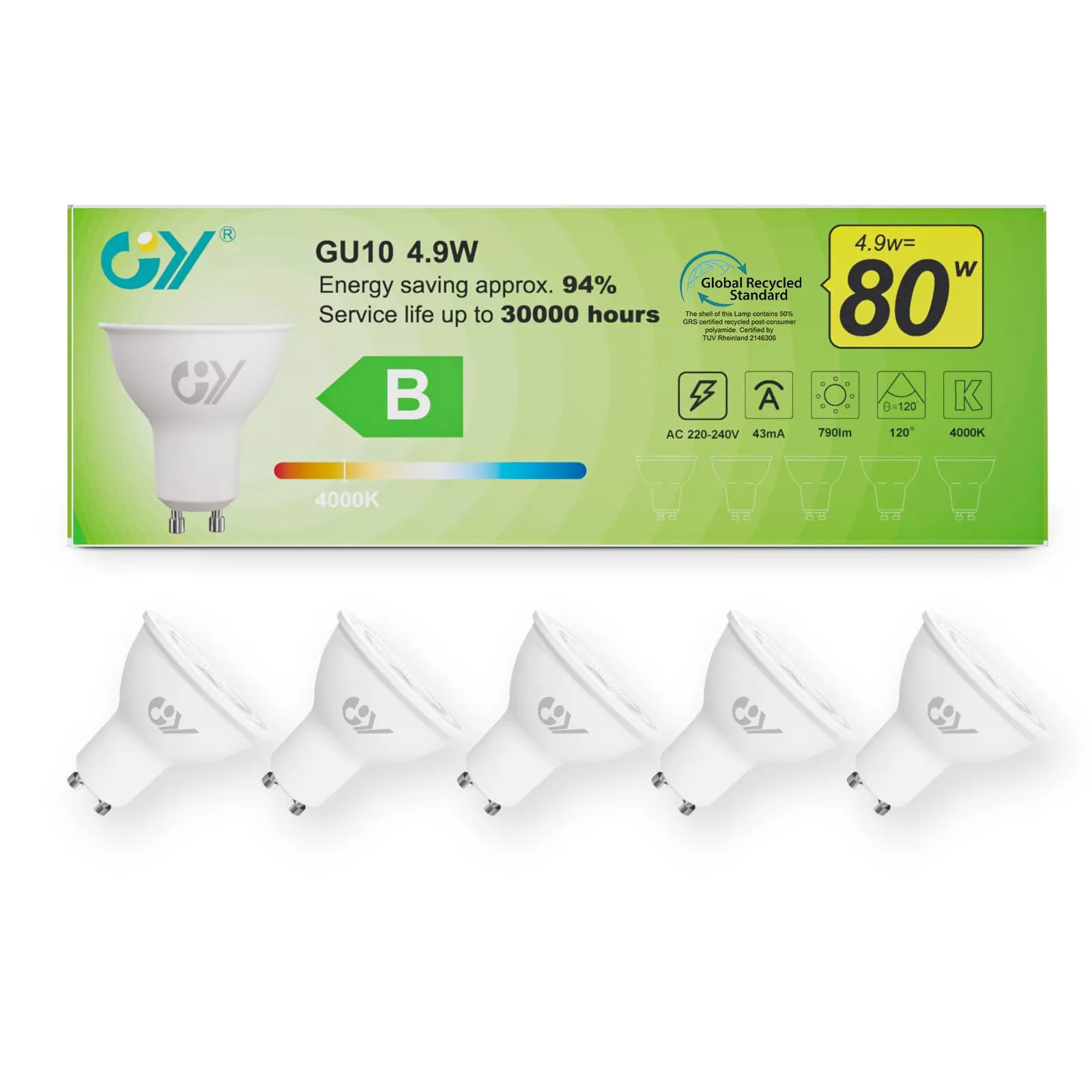 GY Lampadine GU10 LED, 4.9W (equivalenti a 80W), 790 Lumen, 4000K Bianco Neutro, Risparmio Energetico LED GU10, Lunga Durata, Basso Consumo, 120° Angolo del Fascio,Non Dimmerabile, 5 pezzi
