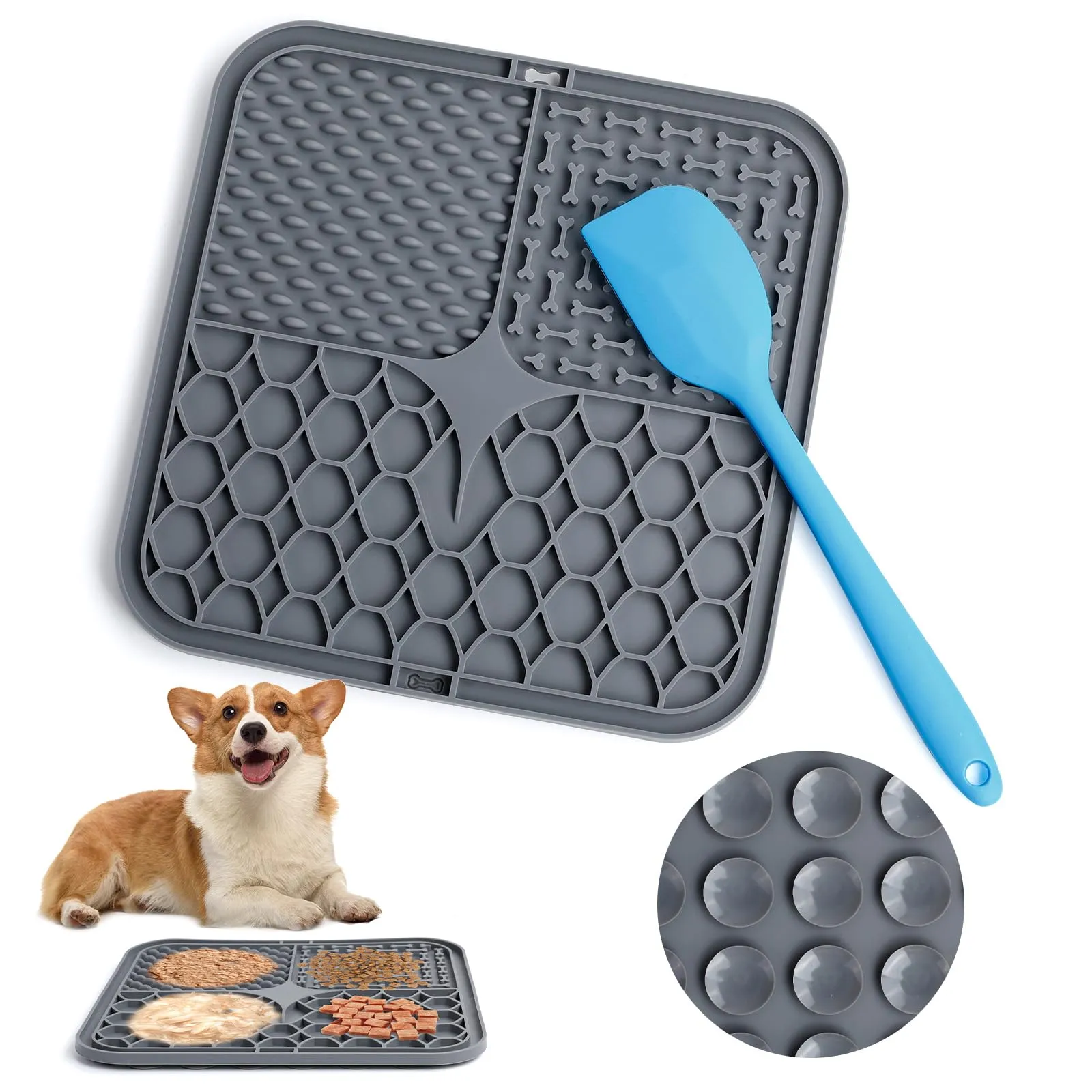 Romon Tappetino Leccare Cane, 20x20cm Cane Pad Leccare con Spatola Silicone, Senza BPA Tappetini Leccare Cani con Ventosa, Licking Mat per Bagno Toelettatura Addestramento Curarlo (Grigio)