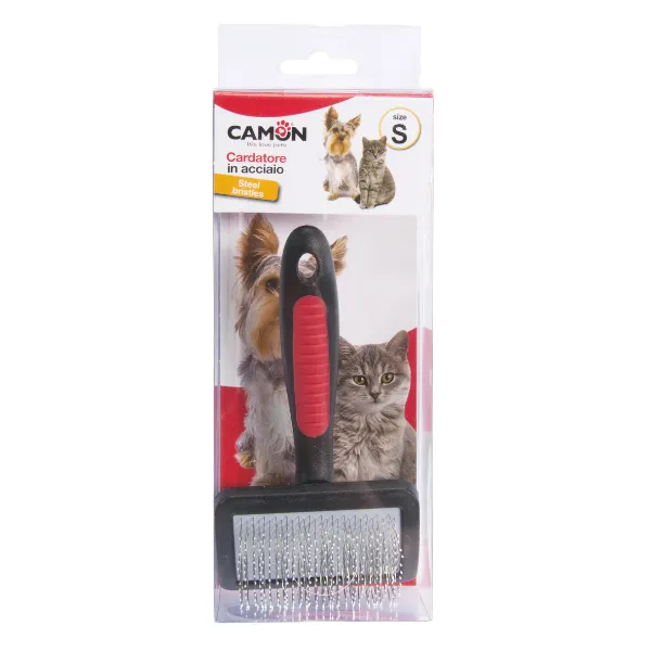 Cardatore in acciaio con punte ricoperte e testa in plastica per cani e gatti Camon Small