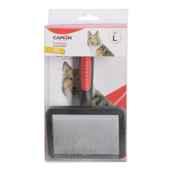 Cardatore in acciaio con punte ricoperte e testa in plastica per cani e gatti Camon Large