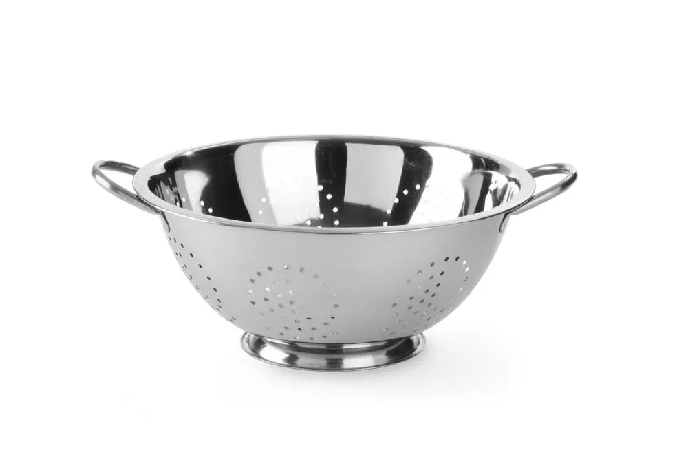 HENDI Scolapasta da cucina, cestello, colino, per cucinare e lavare pasta, verdure, frutta, insalate, rotondo, forato, con base e 2 maniglie, ø340x(H)160 mm, acero inoxidable